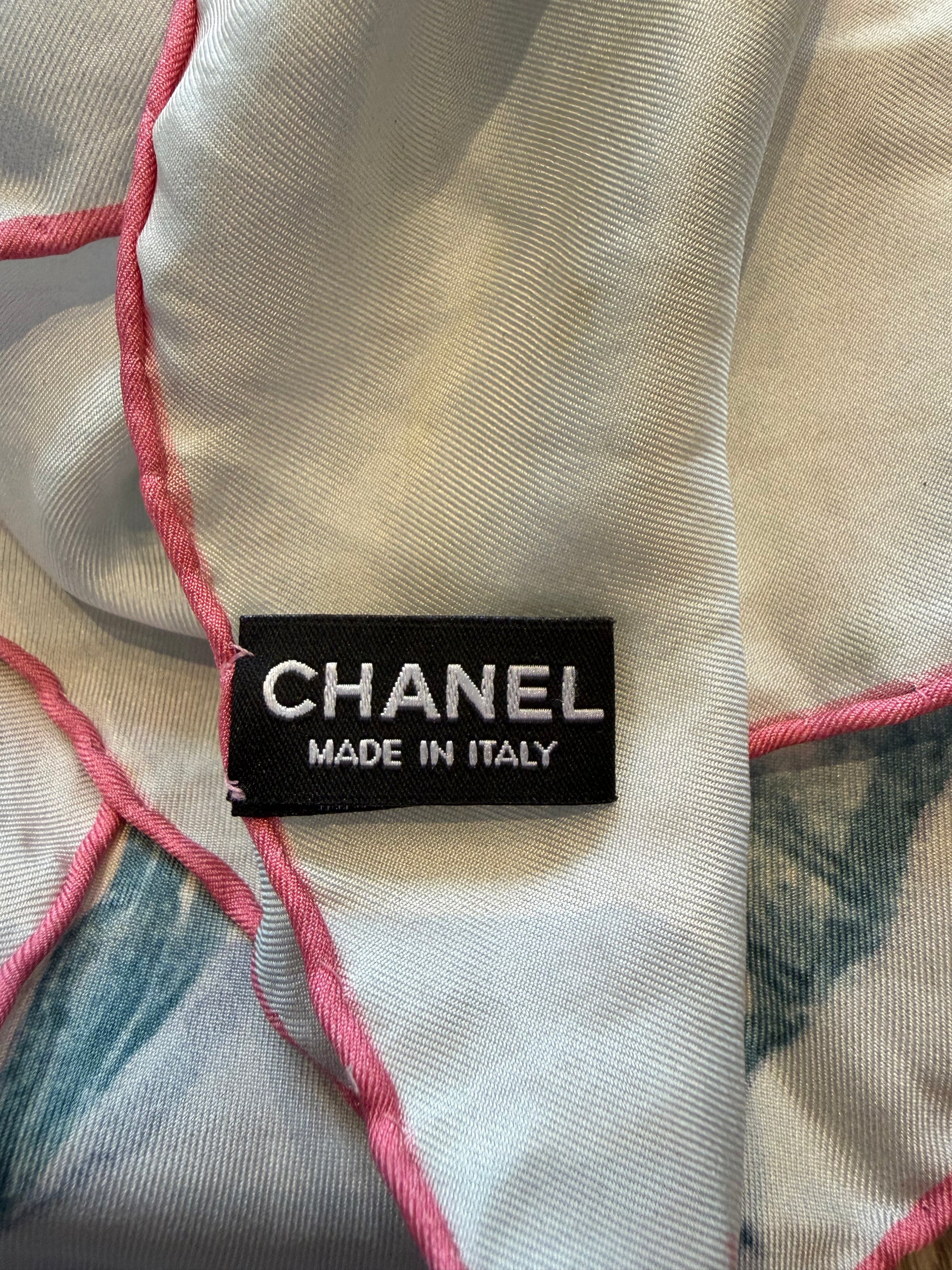 Chanel Silk Floral Square Scarf, Light Blue/Pink, 34.5'' x 33.5''