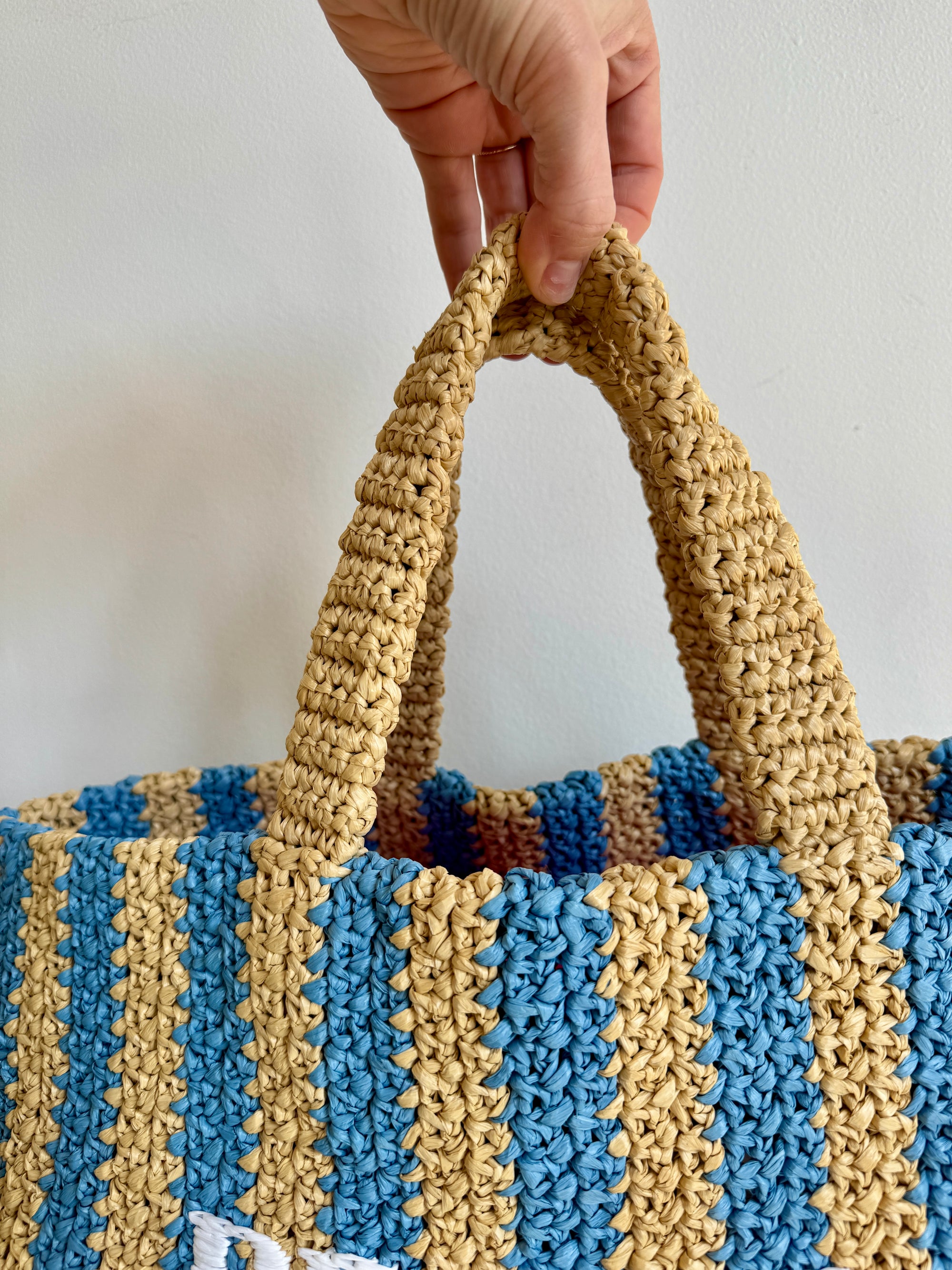 Prada Raffia Tote Bag, Tan / Blue, Large