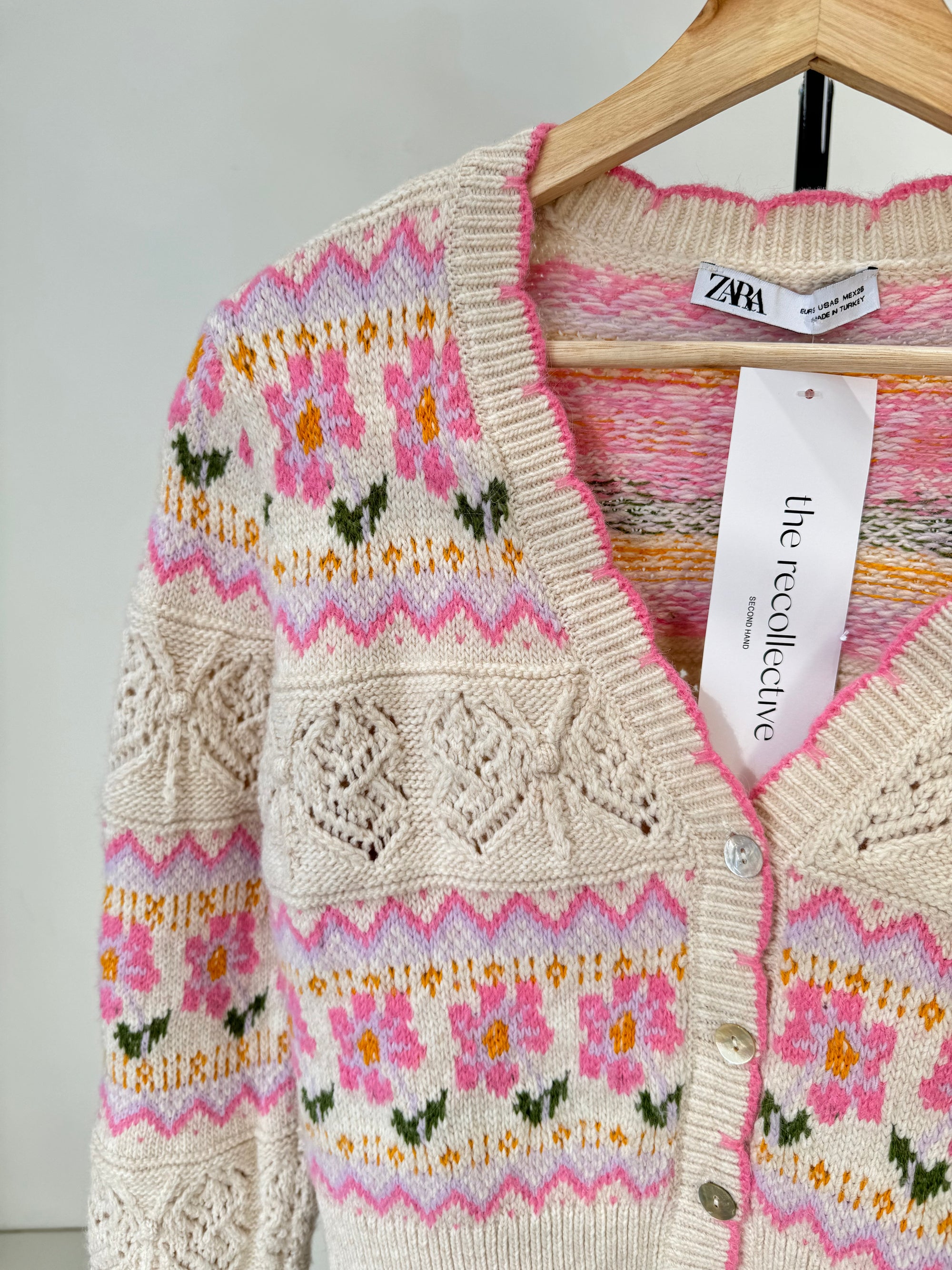 Zara knit floral cardigan Pink Cream, Small