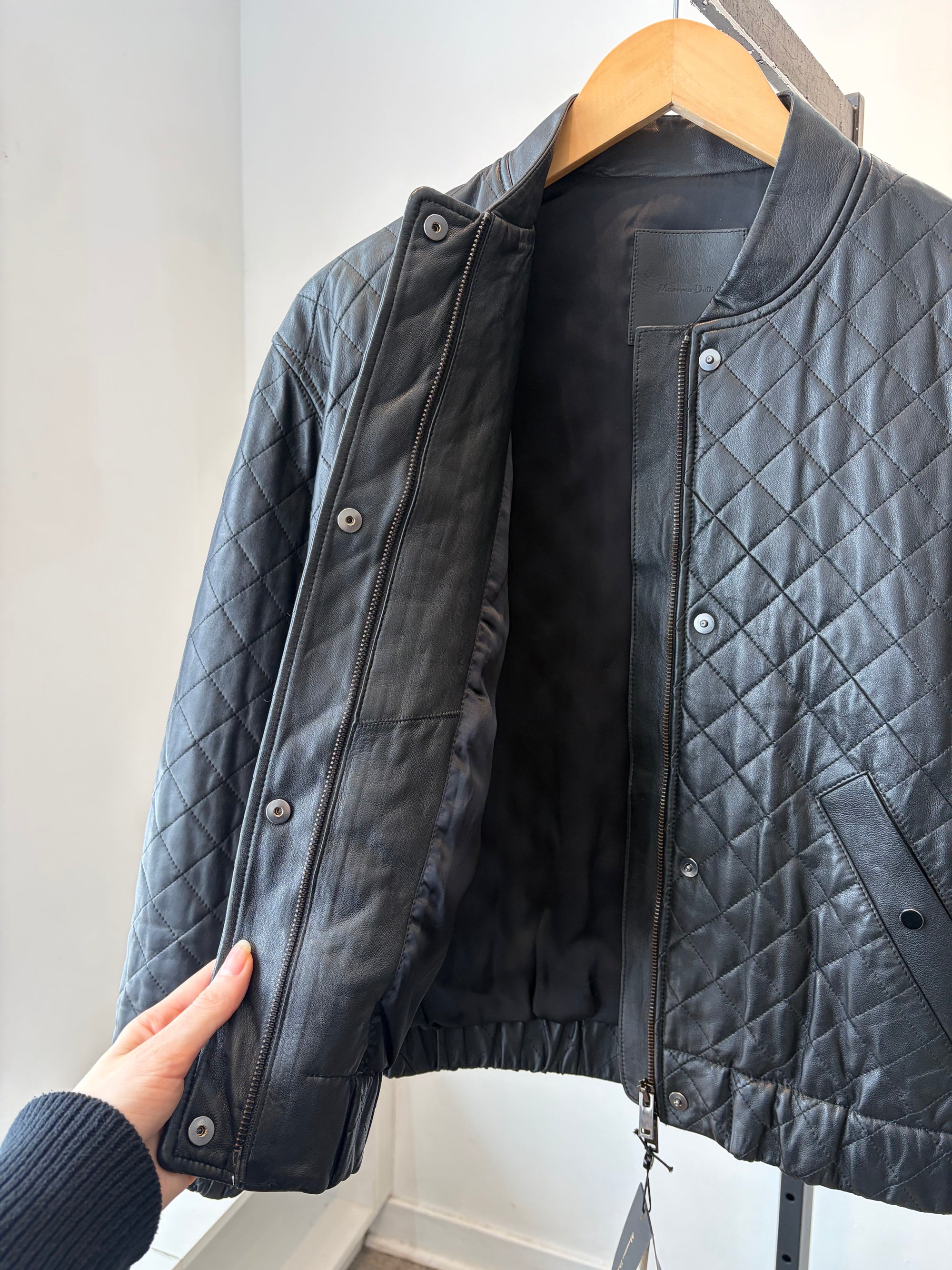 Massimo Dutti Quilted Sheepskin Bomber Jacket, Black