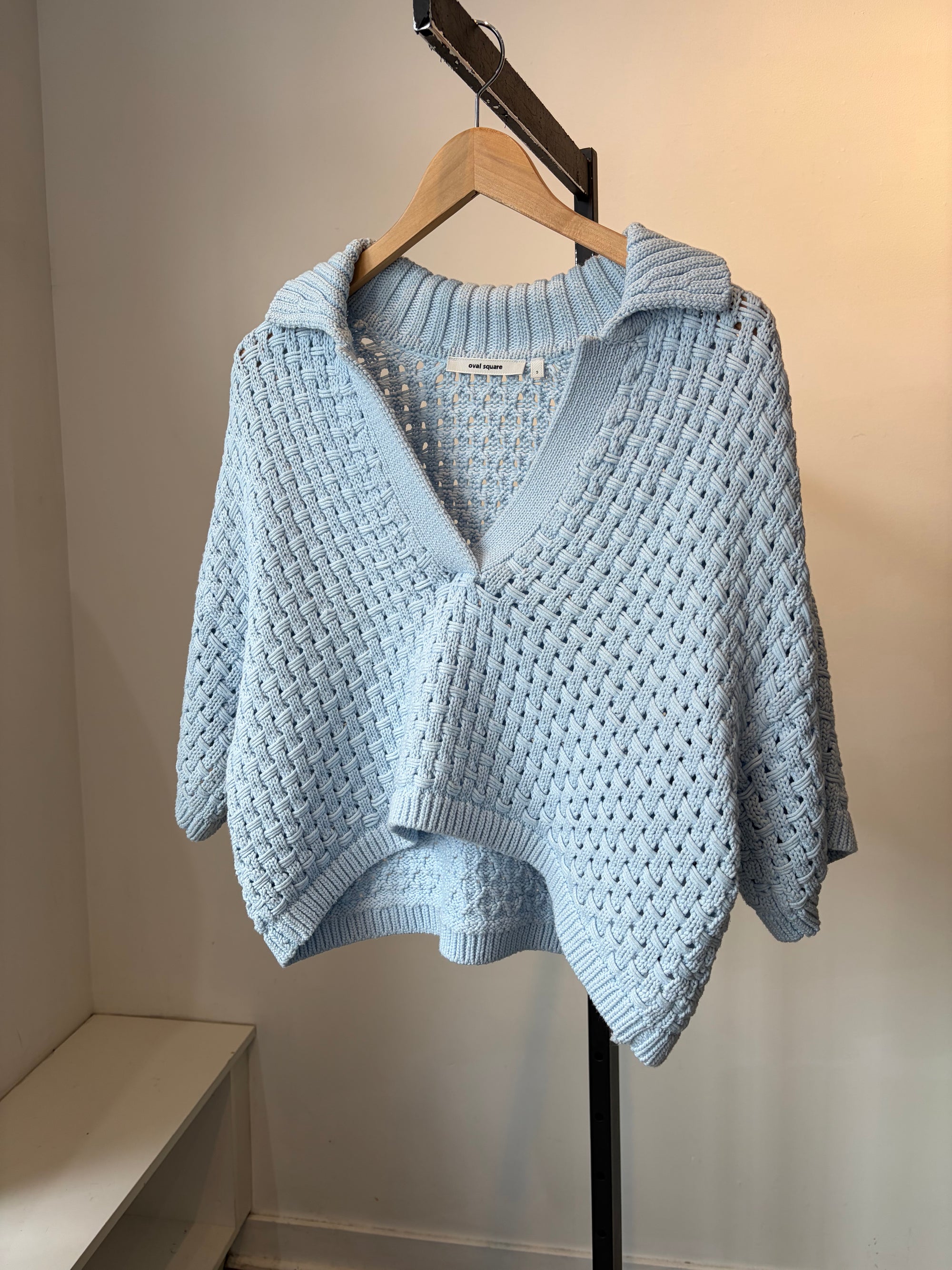 Oval Square Cropped Knit Polo Sweater, Blue, Small