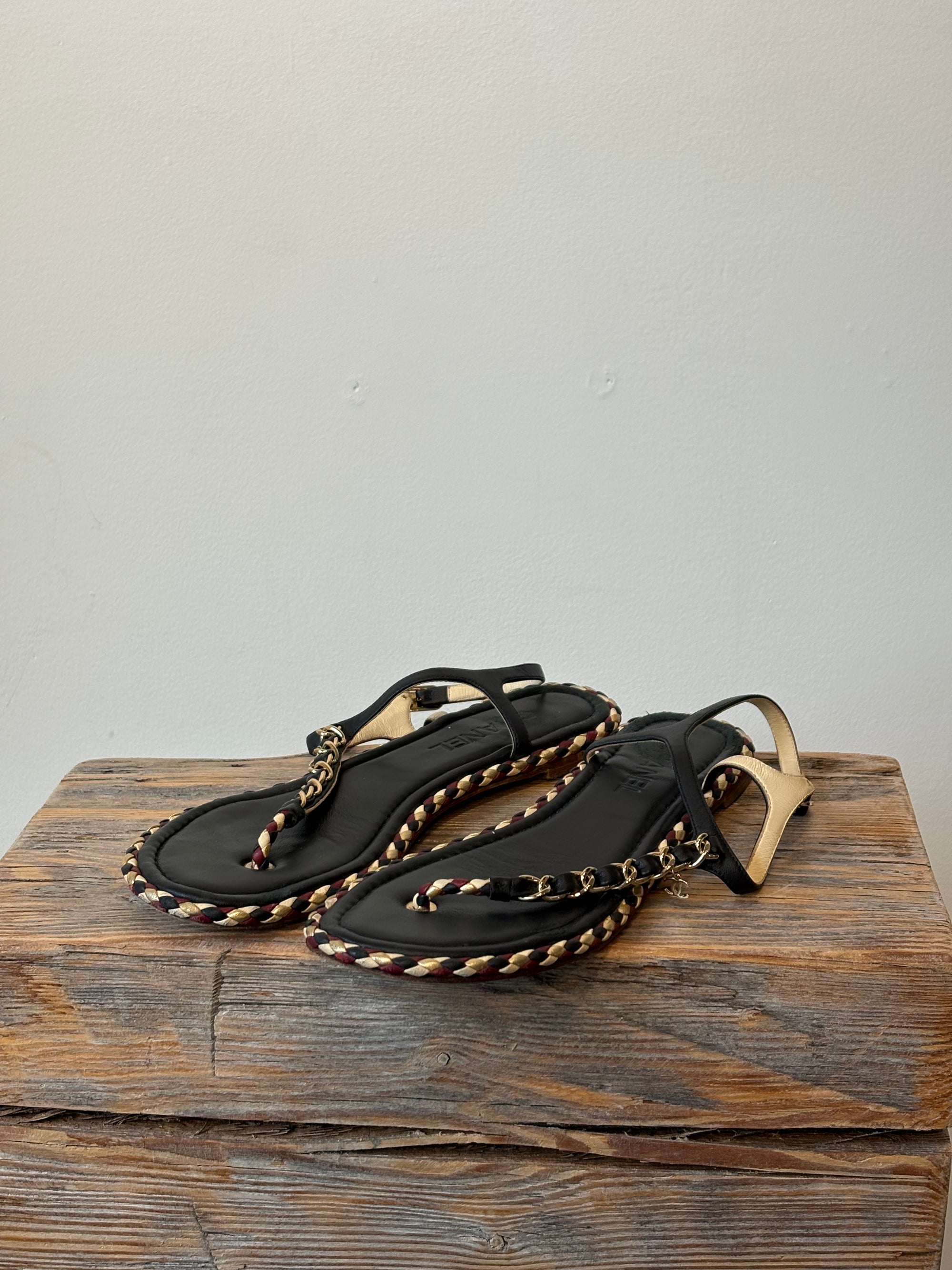 Chanel T-Strap Sandals, Black/Burgundy, 40