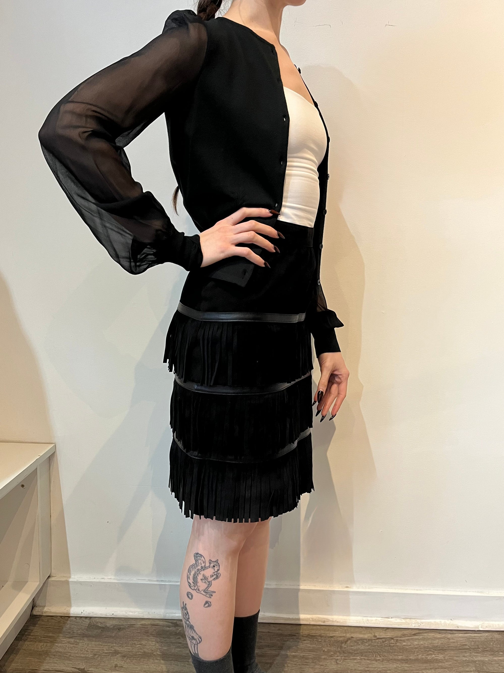 Saint Laurent Vintage Rive Gauche Suede Fringe Skirt, Black, 38