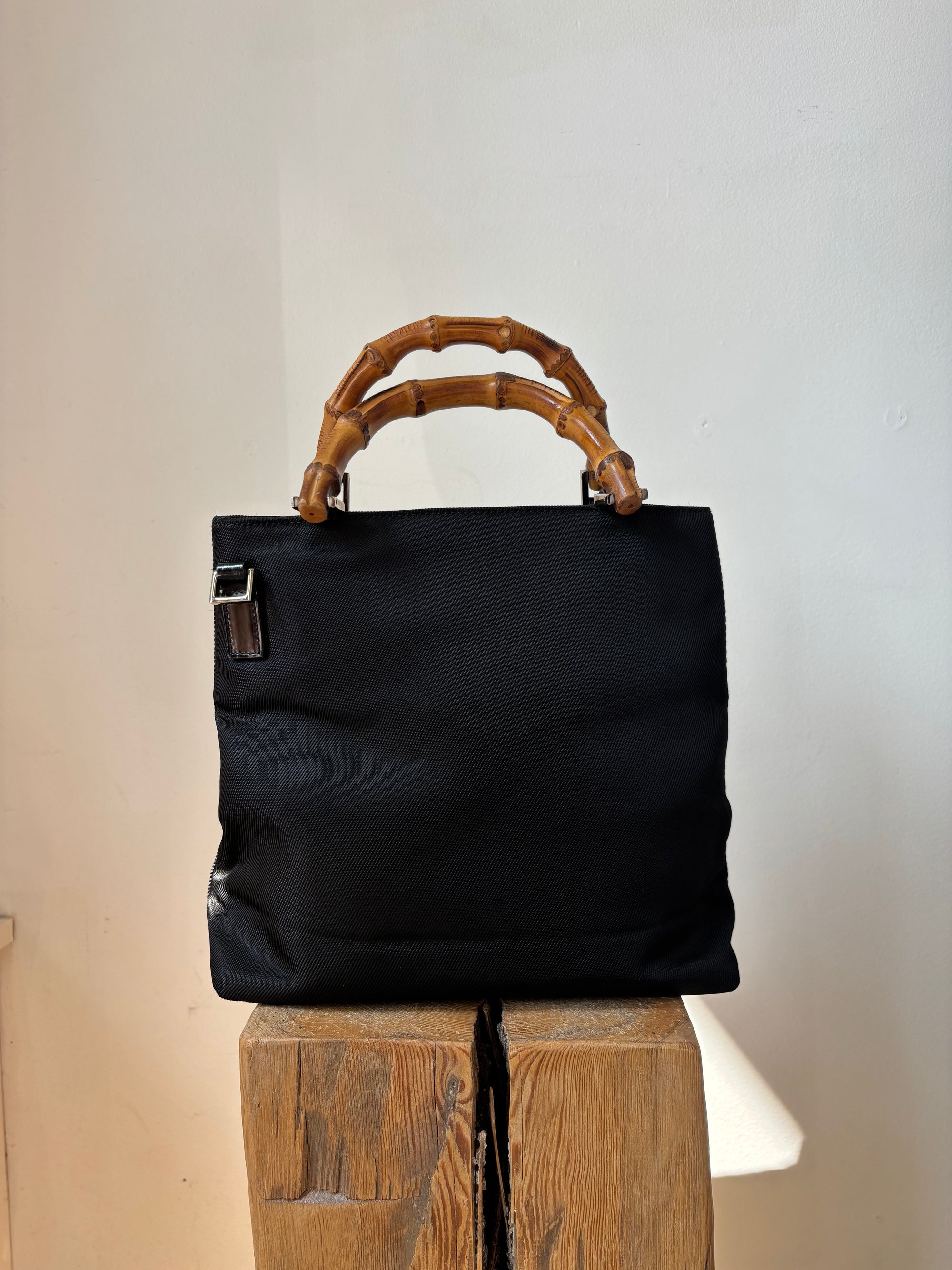 Gucci Black Nylon Bamboo Top Handle Handbag
