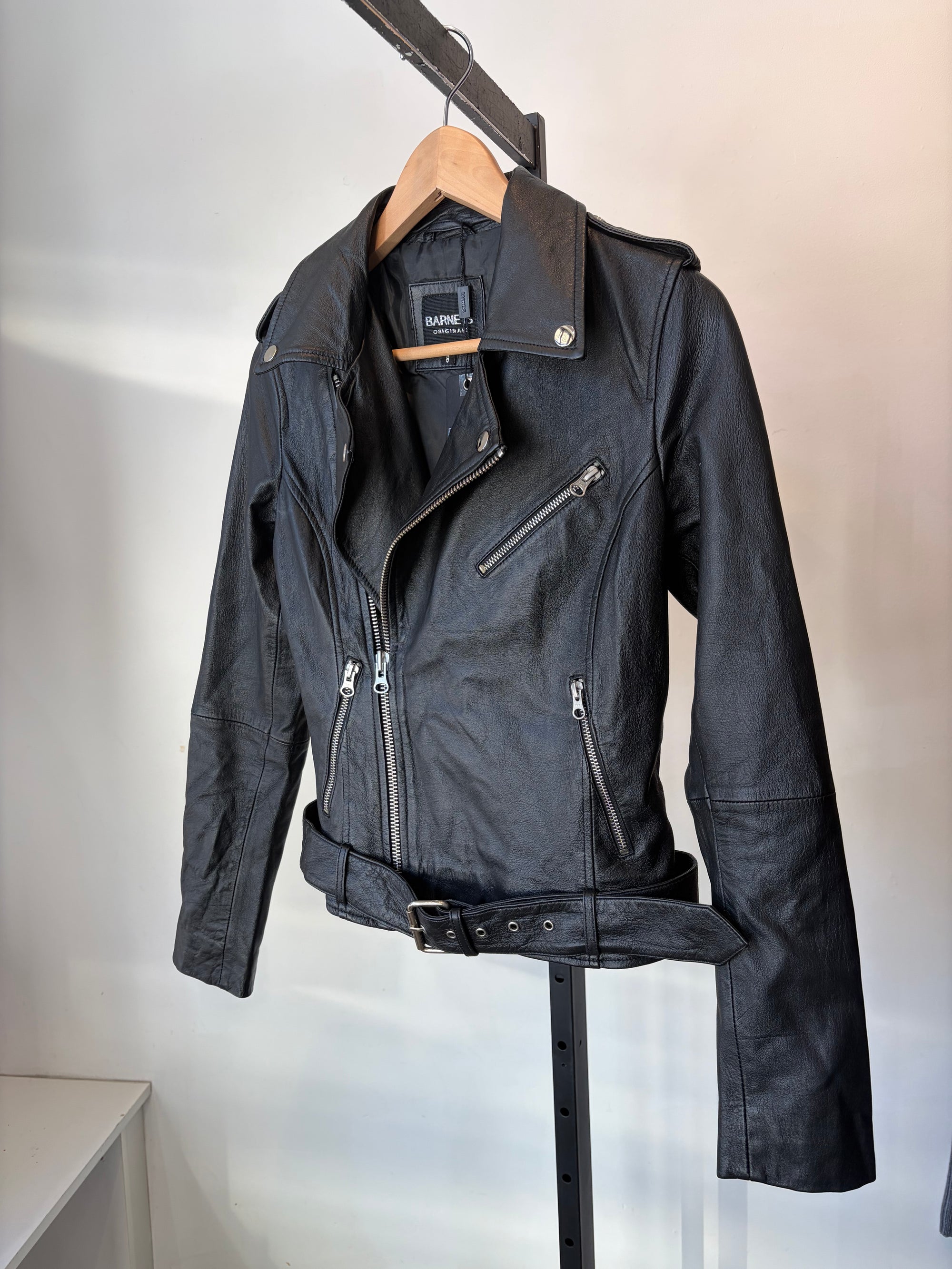 Barney's Originals Genuine Leather Biker Jacket NWT, Black, 8 (fits XS/S)