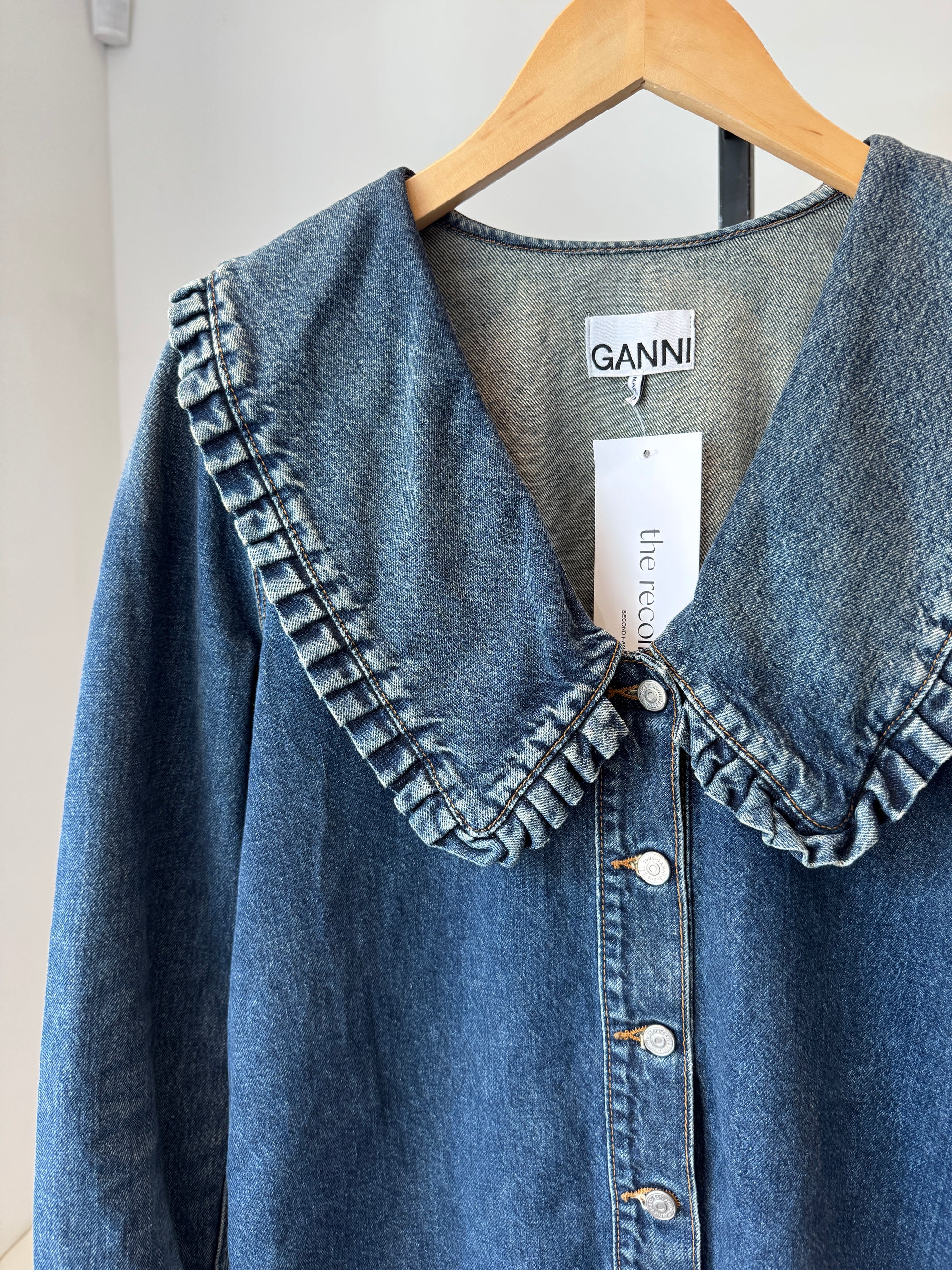 Ganni denim ruffle blouse, Blue, 38