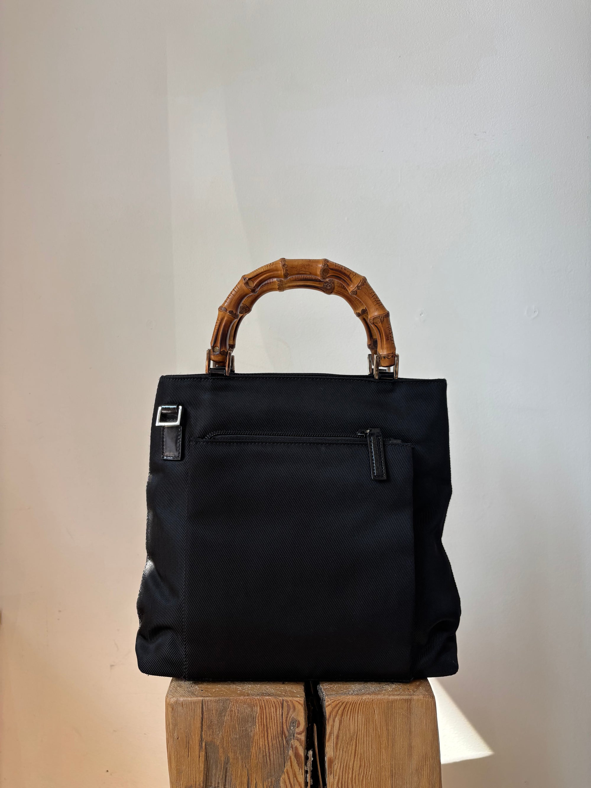 Gucci Black Nylon Bamboo Top Handle Handbag