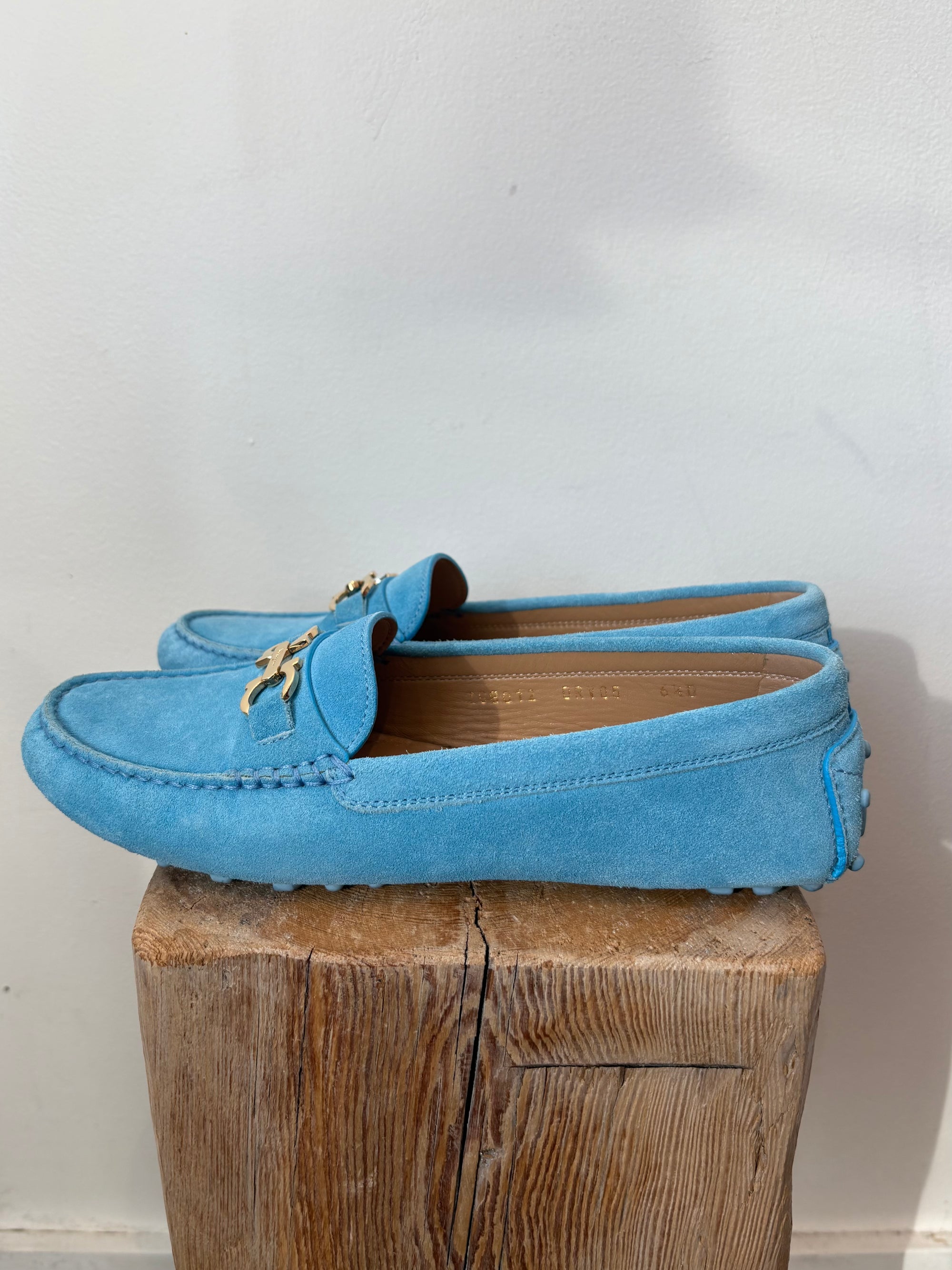 Ferragamo Suede Loafer, blue with gold buckle, 6.5