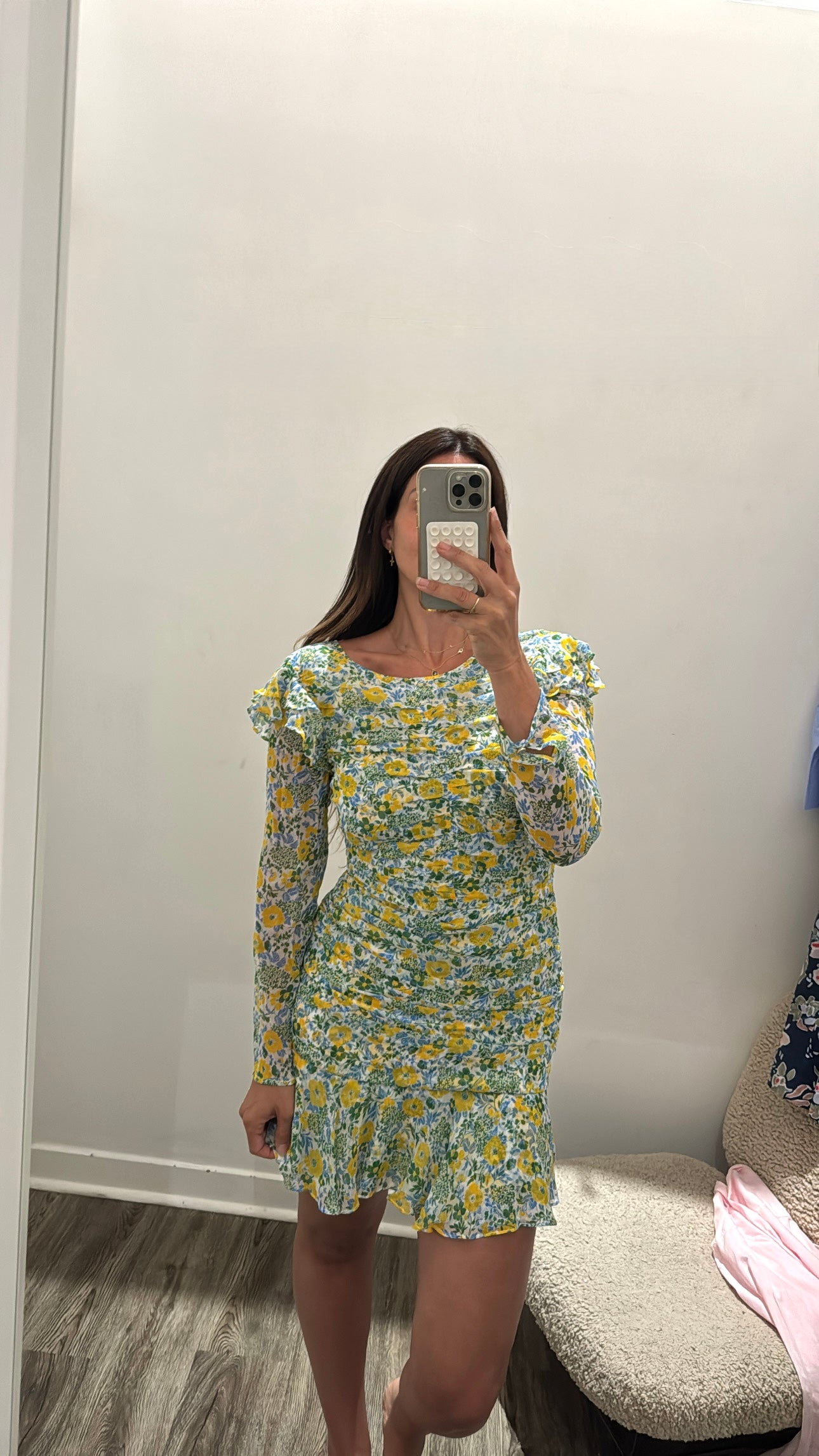 Veronica Beard floral ruffle long sleeve mini dress, Yellow/Blue, 6