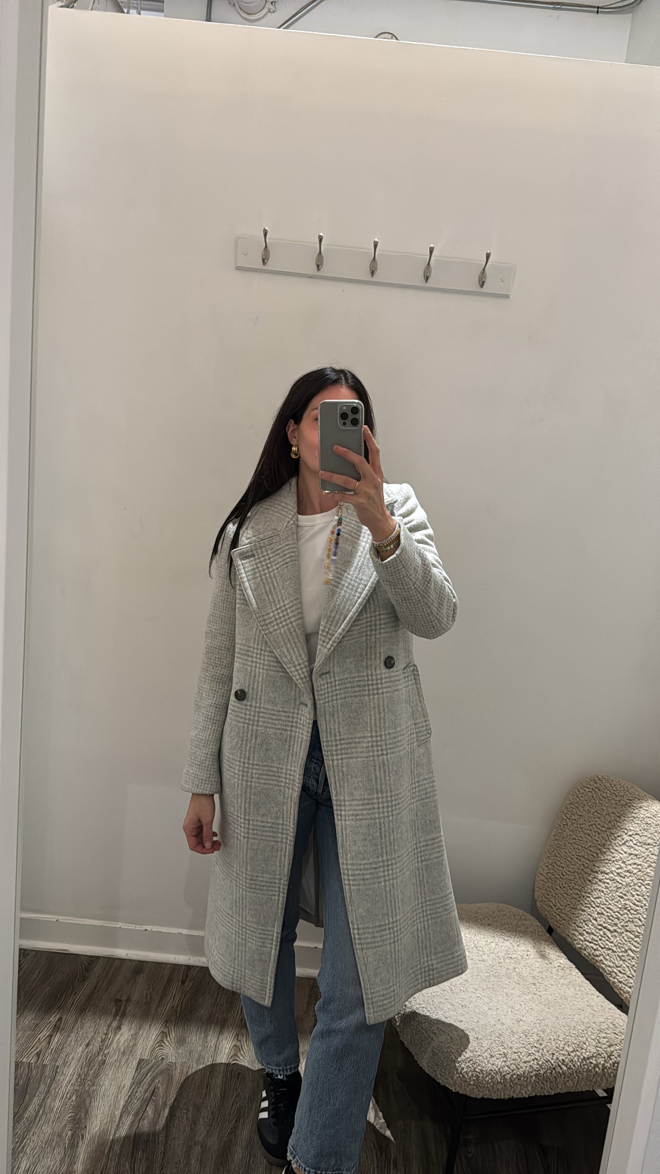 Club Monaco wool long coat, Grey Plaid, Small