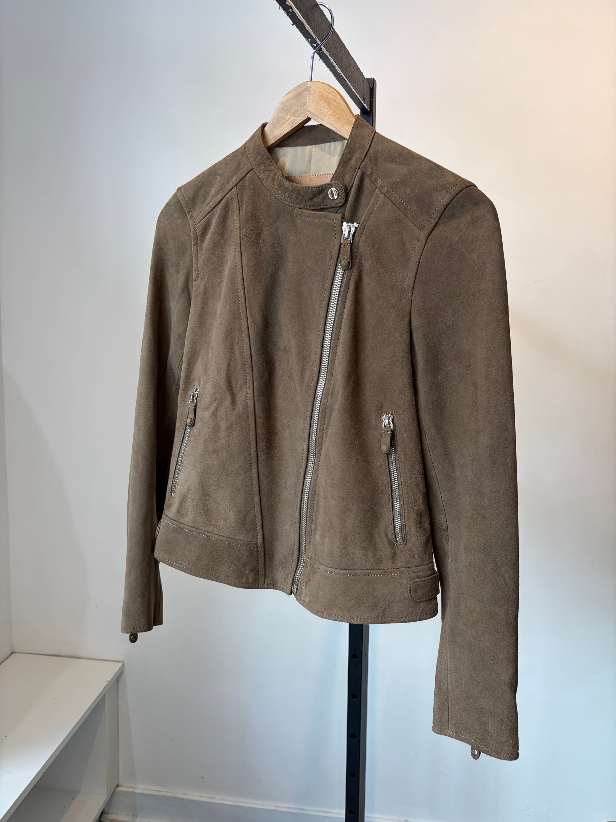 Massimo Dutti Suede Biker Jacket, Taupe, XS