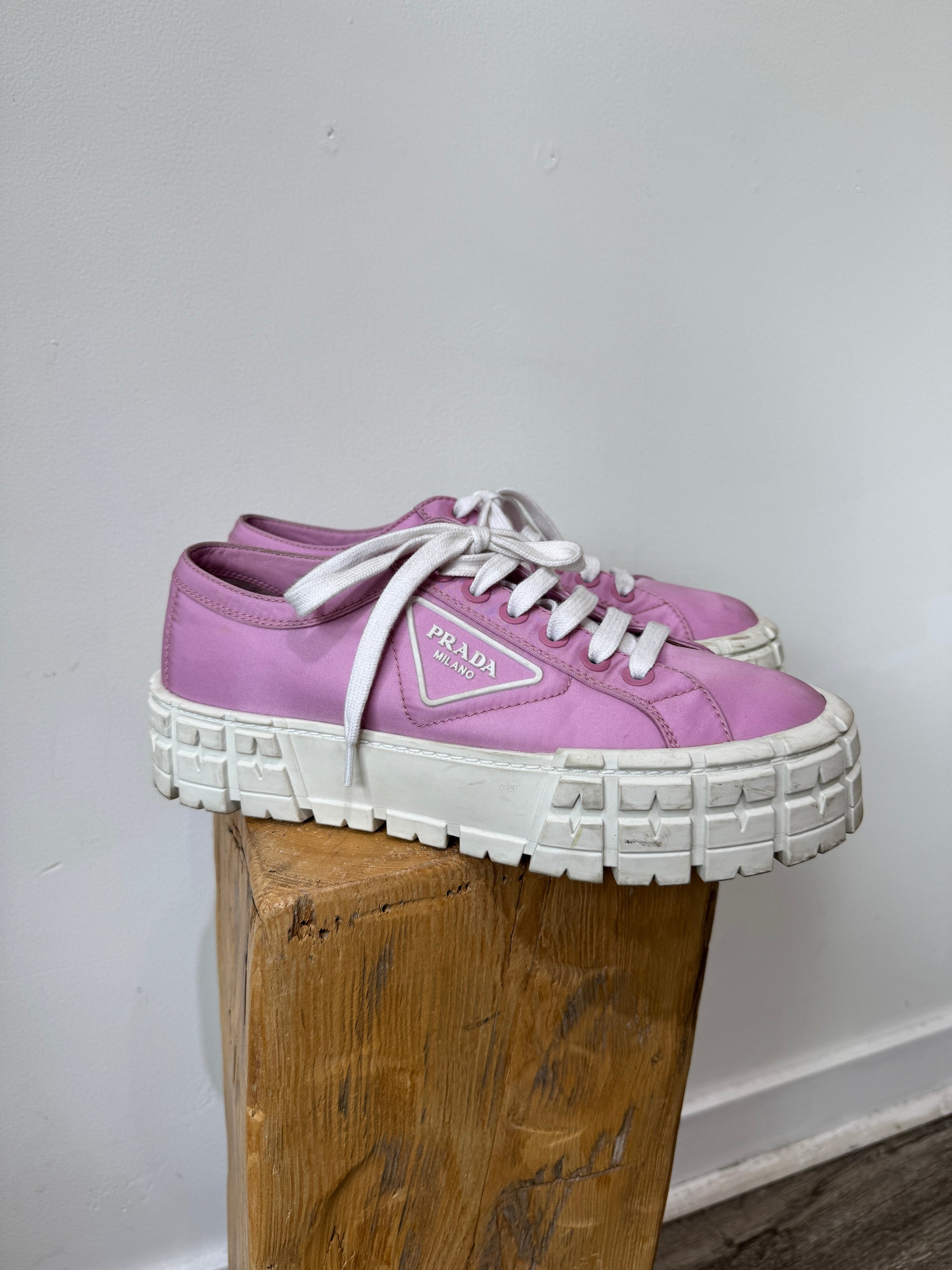 Prada Double Wheel Nylon Gabardine Sneakers, Pink, 41