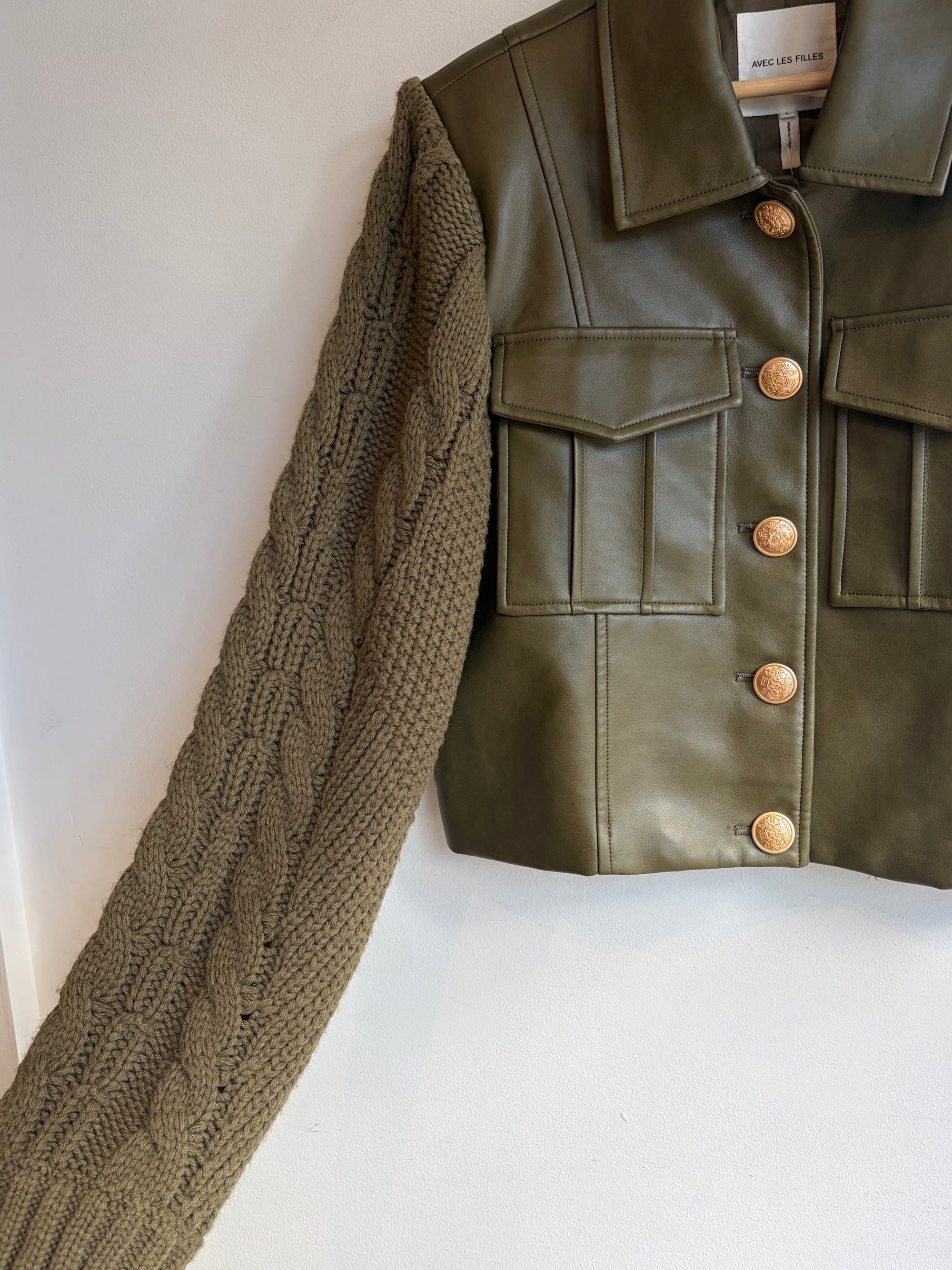 Avec Les Filles, faux leather cropped utility jacket with crochet sleeves, Large