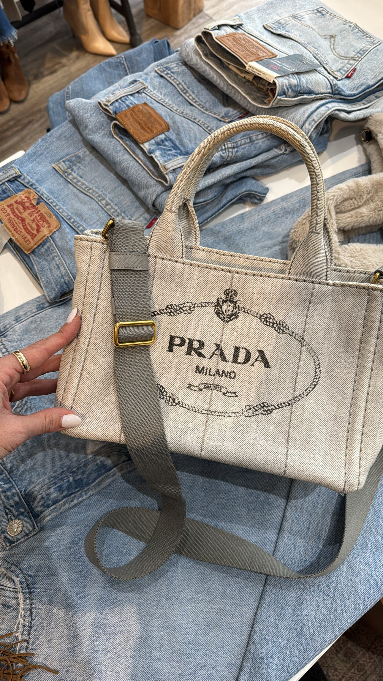 Prada Canapa Logo Handbag Light Blue Denim