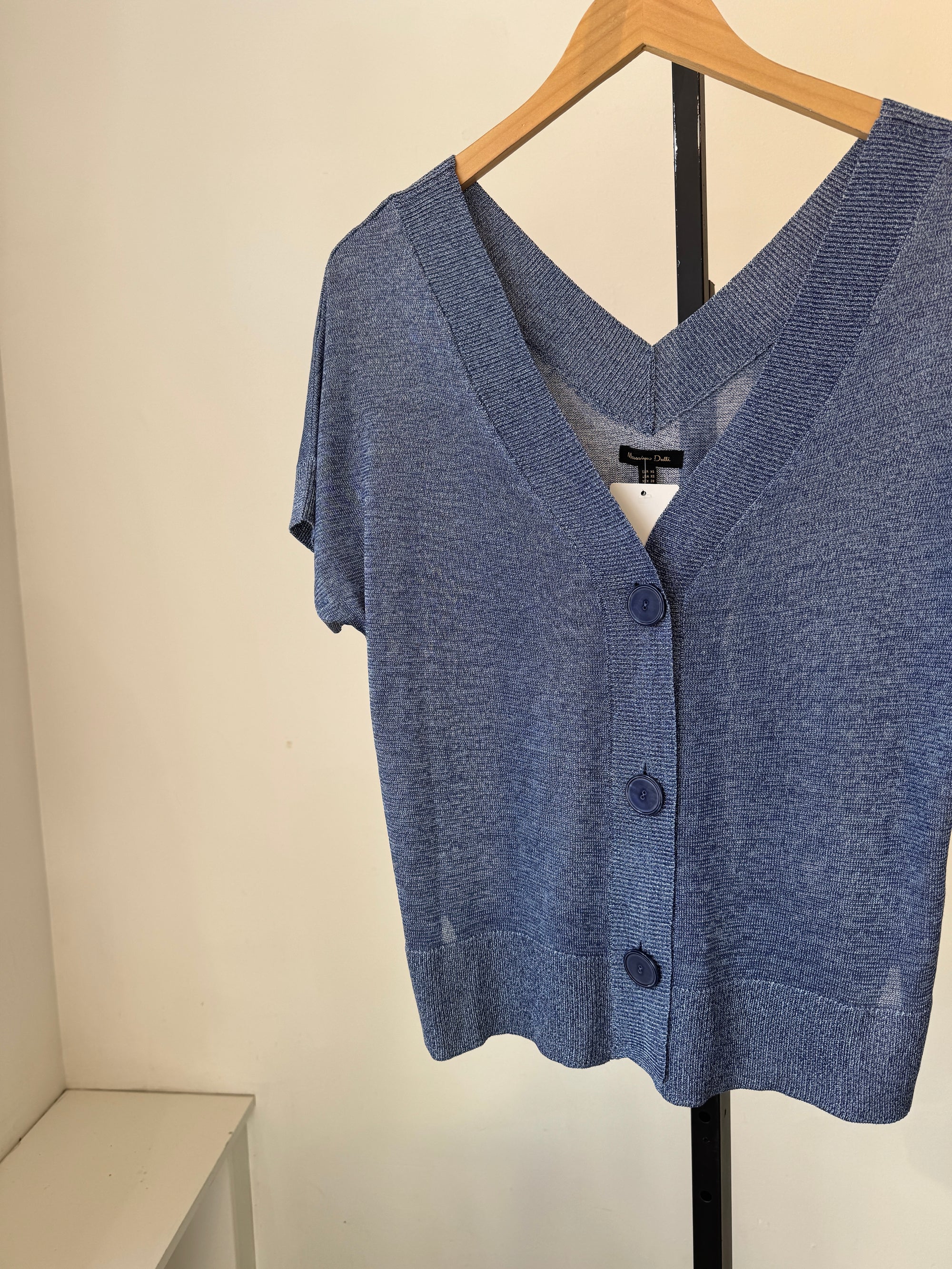 Massimo Dutti Semi Sheer Button-up Short Knit Sleeve Top, Blue, XS