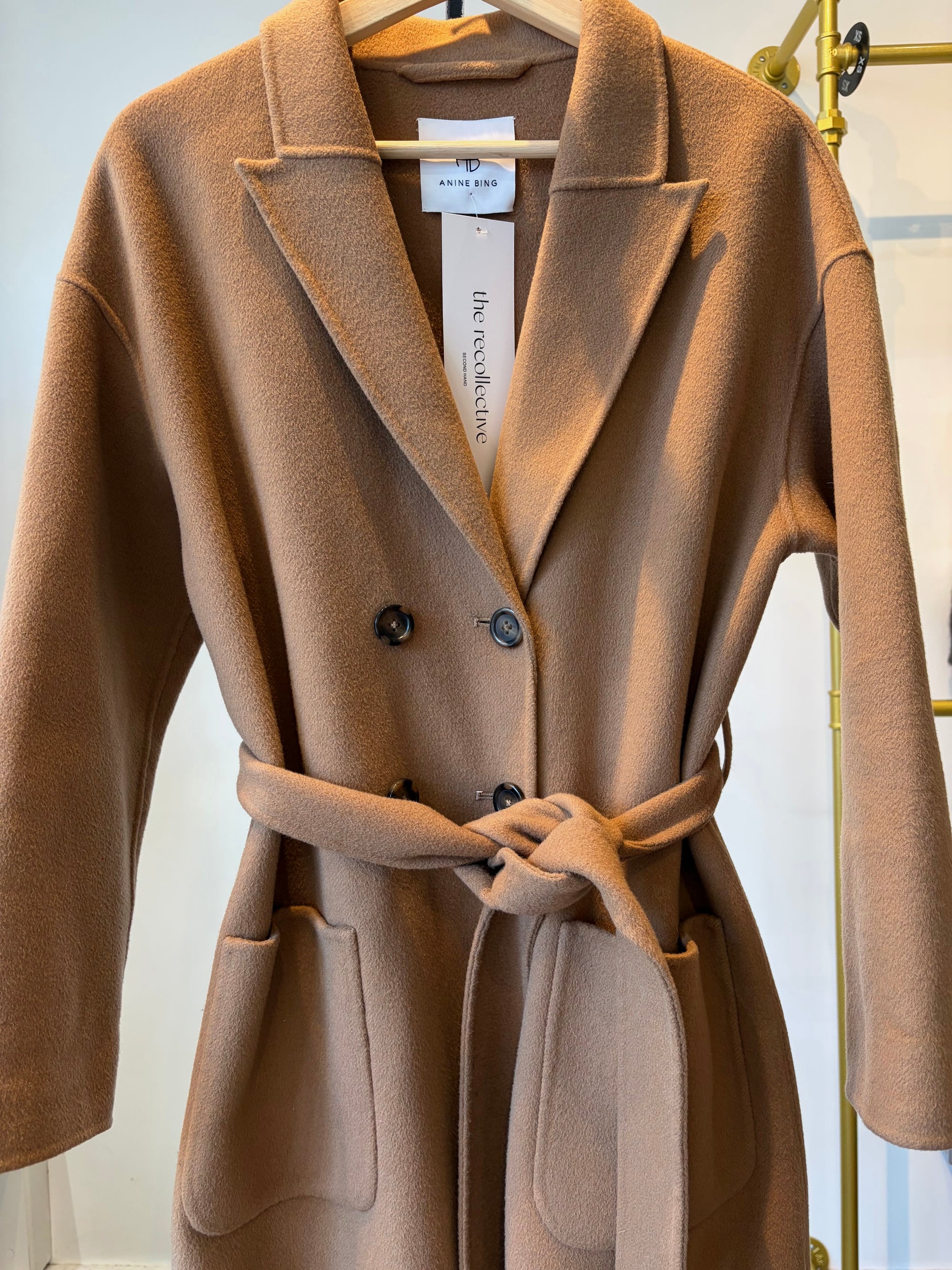 Anine Bing Dylan belted long coat, wool/cashmere blend, Camel, XS