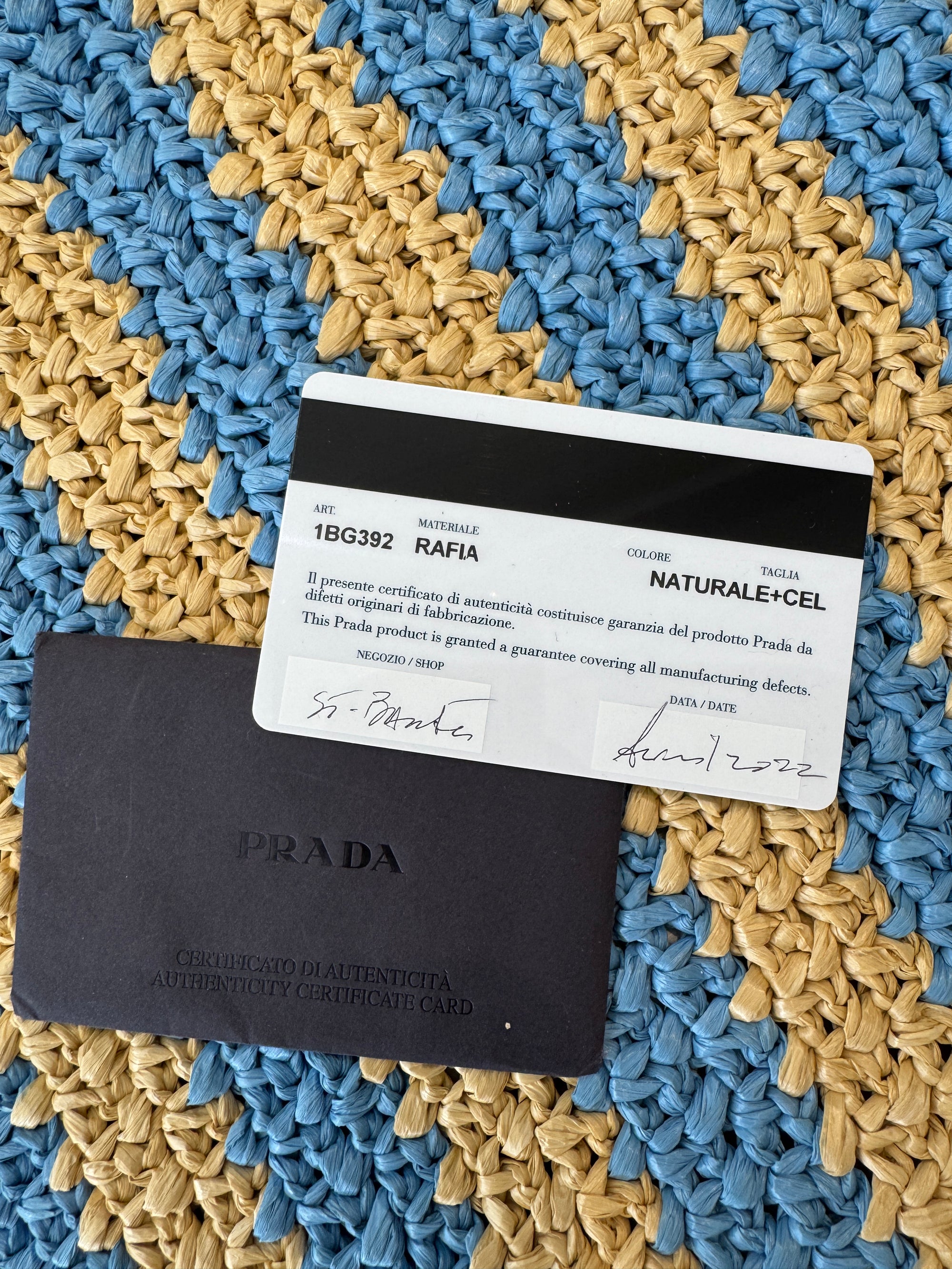 Prada Raffia Tote Bag, Tan / Blue, Large