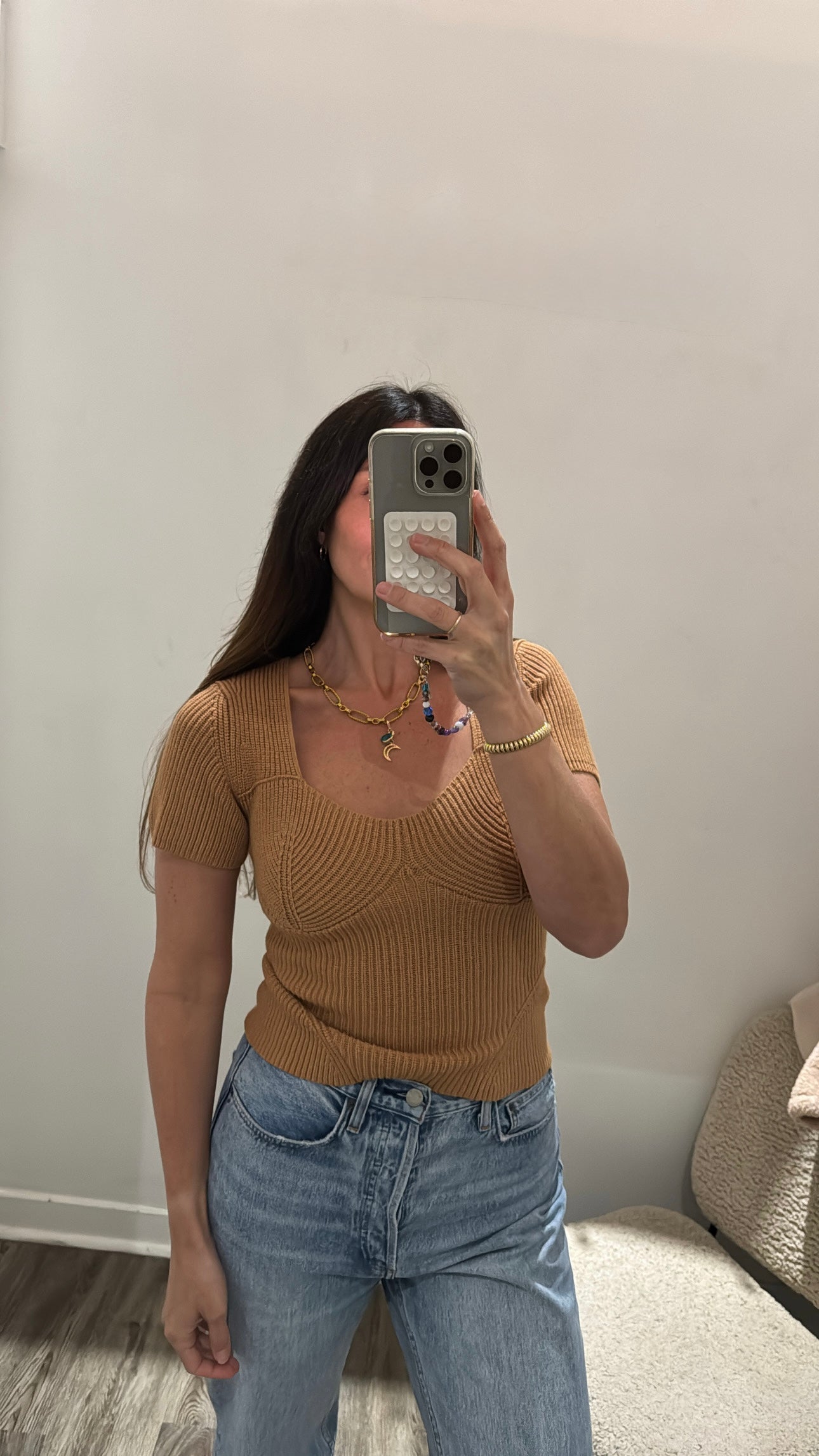 Staud Buxton Rib Knit Short Sleeve Ribbed Top, Camel, Medium