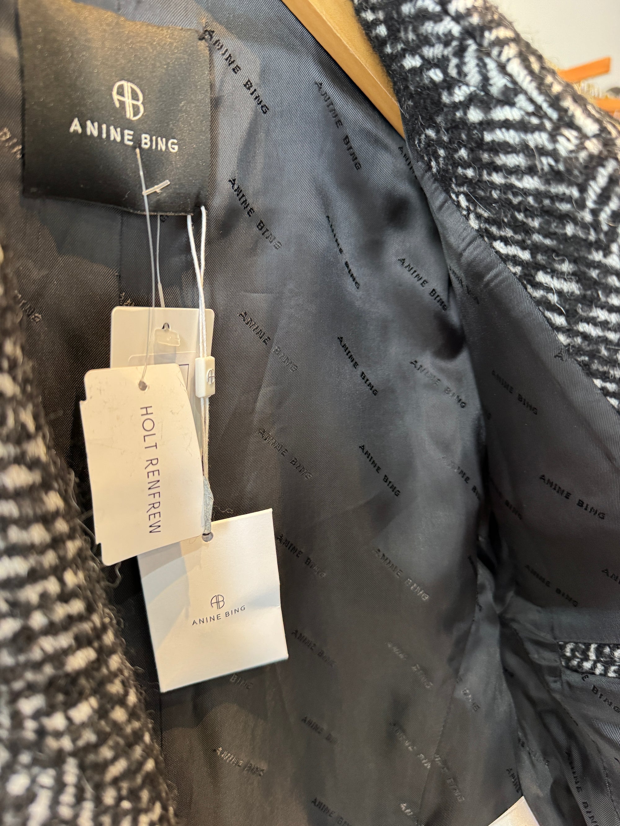 Anine Bing Vienna Double Breasted Herringbone Blazer, Black, XS