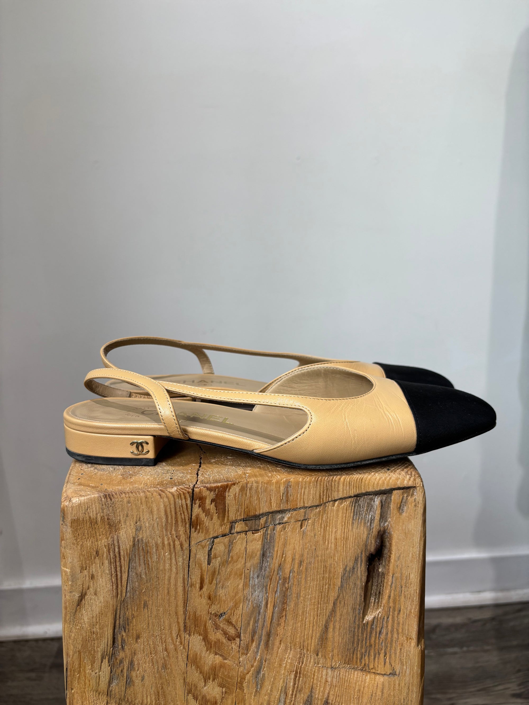 Chanel Toe Cap Slingback Flats Beige, Black, 36.5
