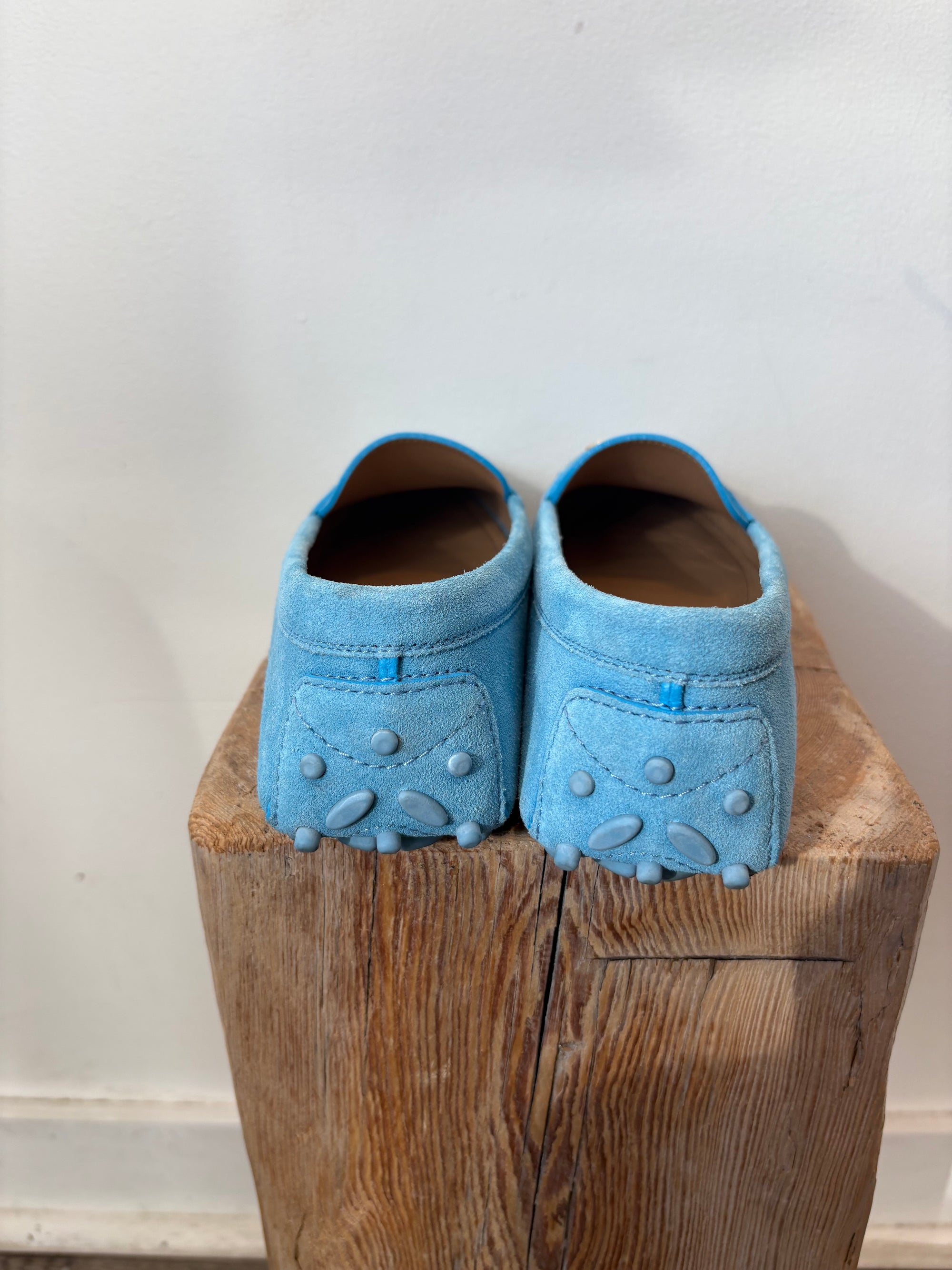 Ferragamo Suede Loafer, blue with gold buckle, 6.5