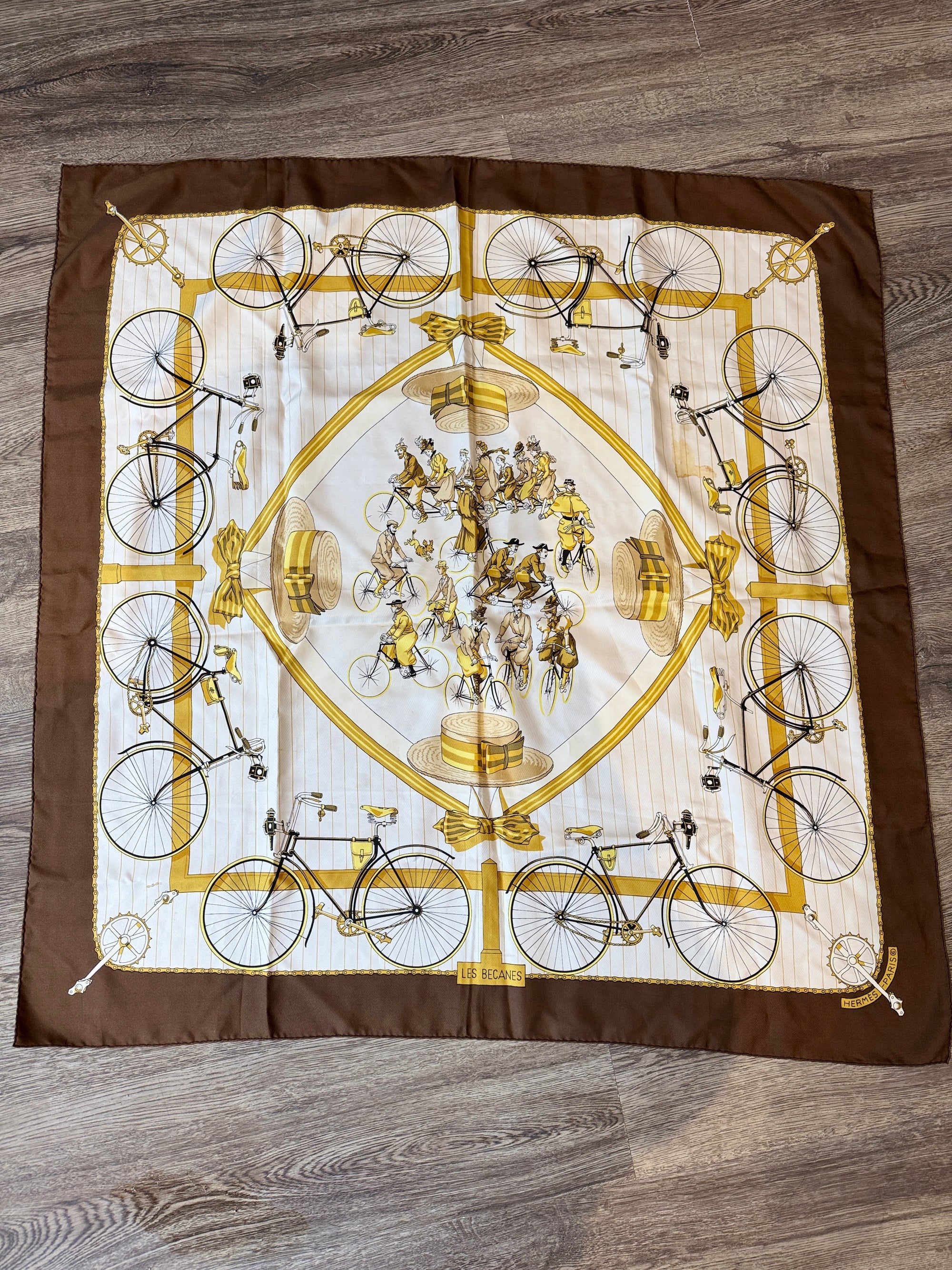 Hermès Les Becanes Silk Scarf, Circa 1953,  Cream/Brown/Yellow, 90x90