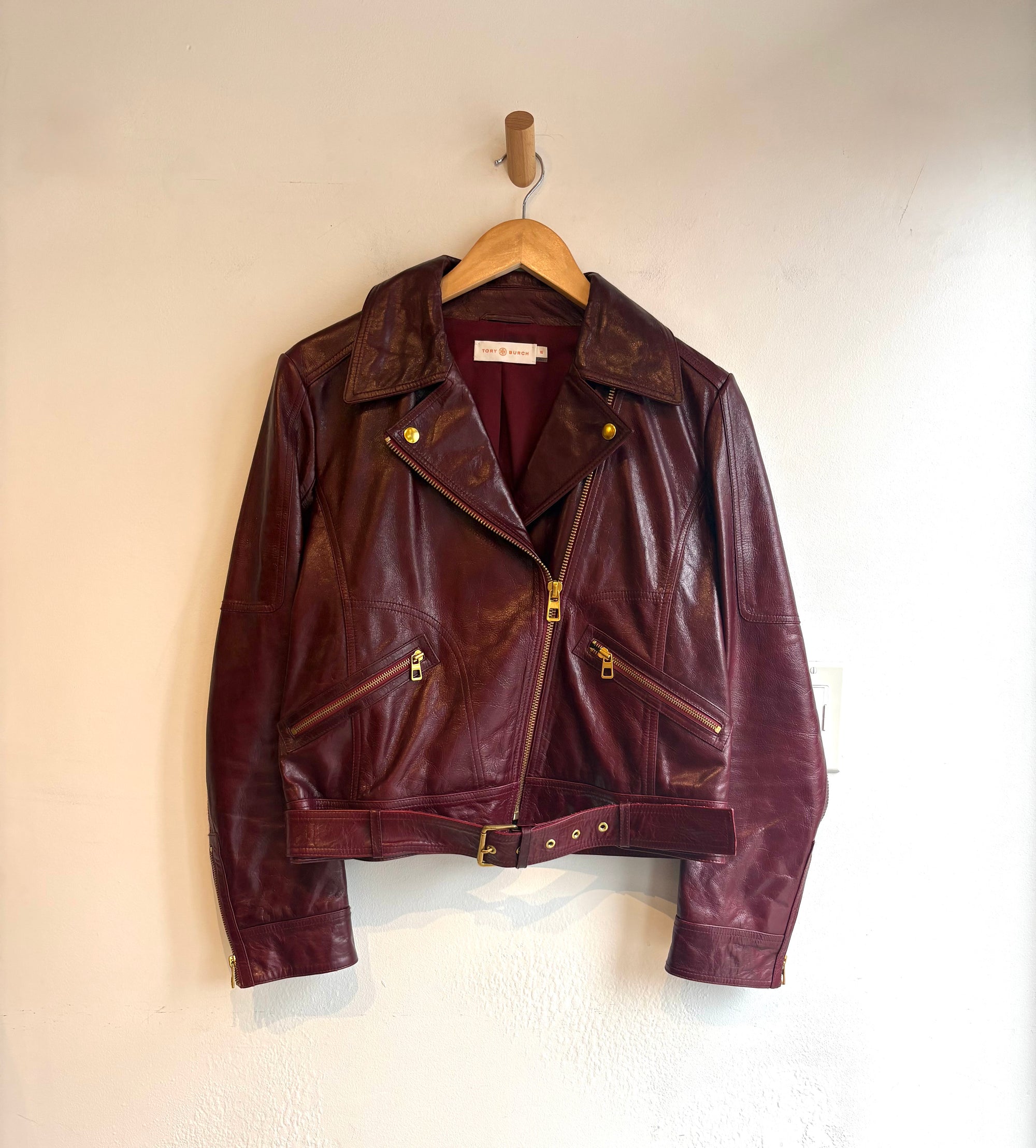 Tory Burch leather biker jacket, Deep Red, 10