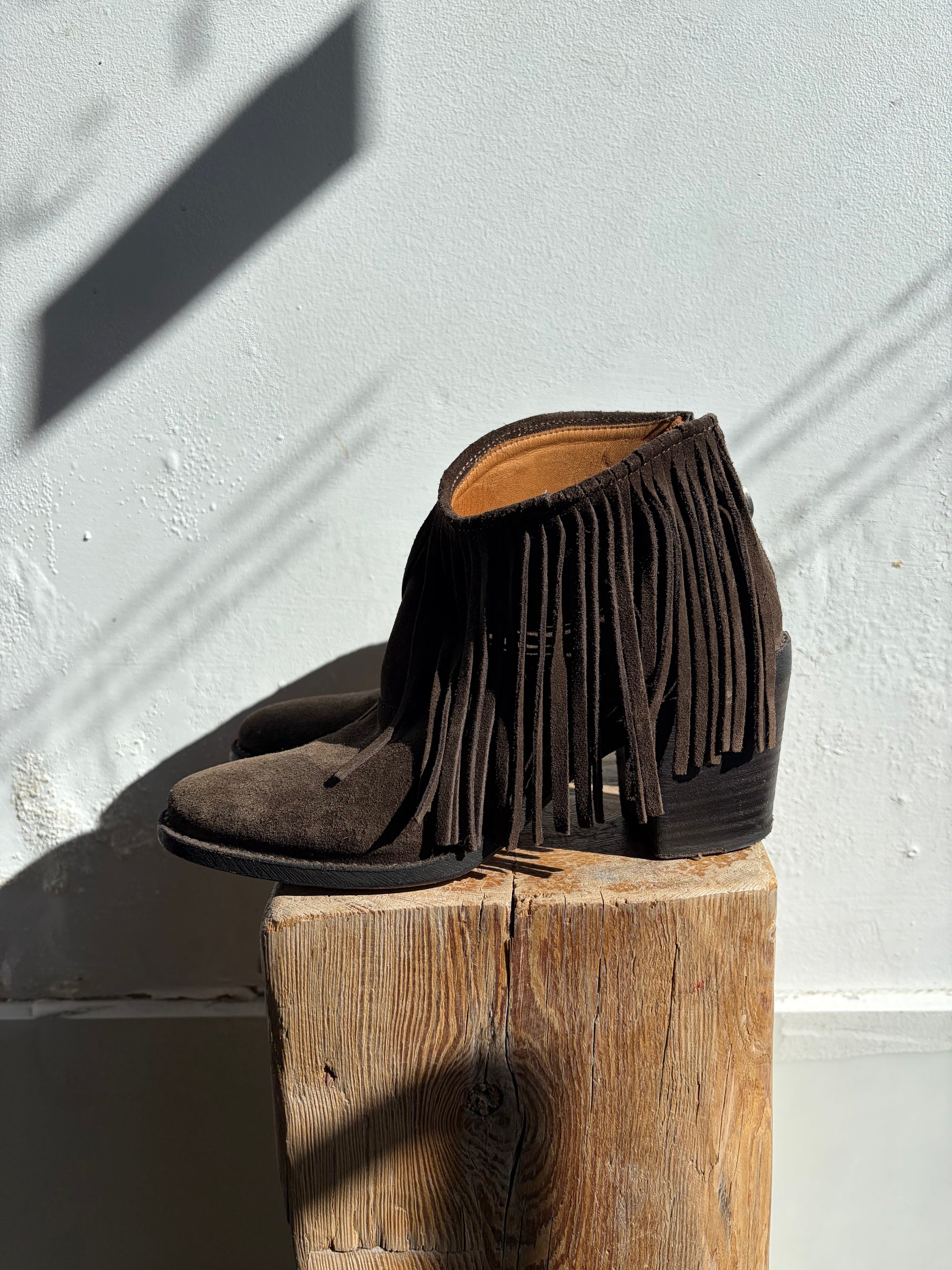 Fiorentini + Baker Suede Fringe Made in Italy Boots, Brown, 38.5