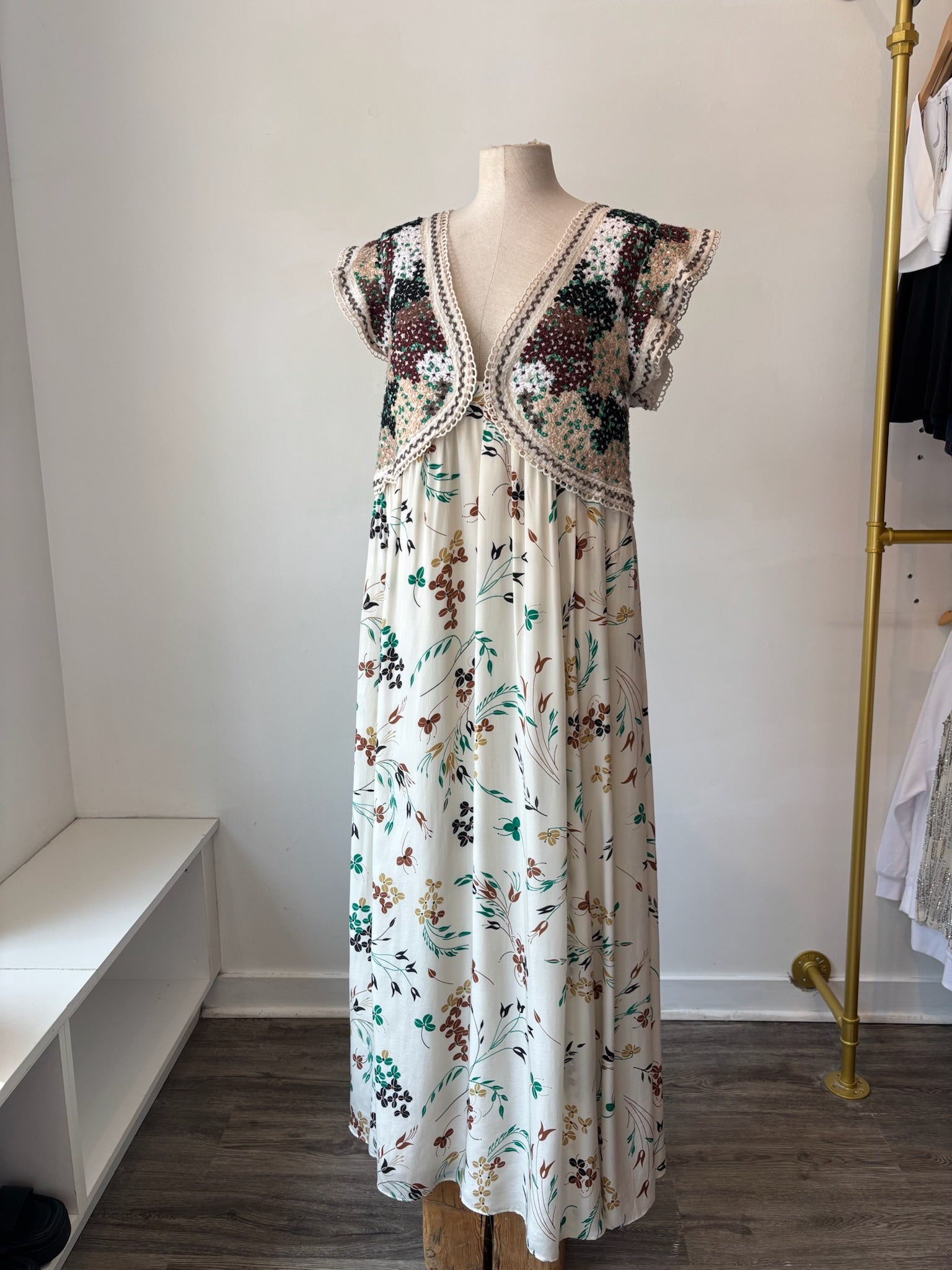 Anthropologie crochet top floral maxi dress, Cream, Large