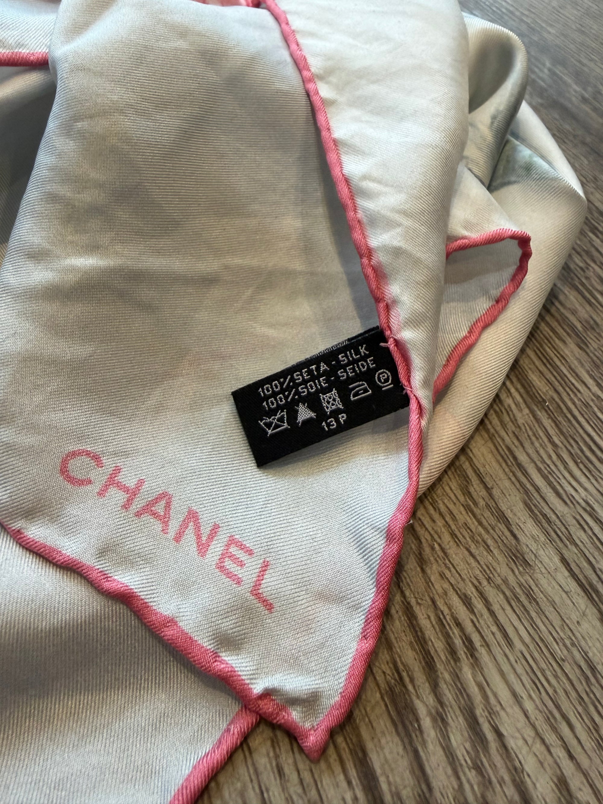 Chanel Silk Floral Square Scarf, Light Blue/Pink, 34.5'' x 33.5''