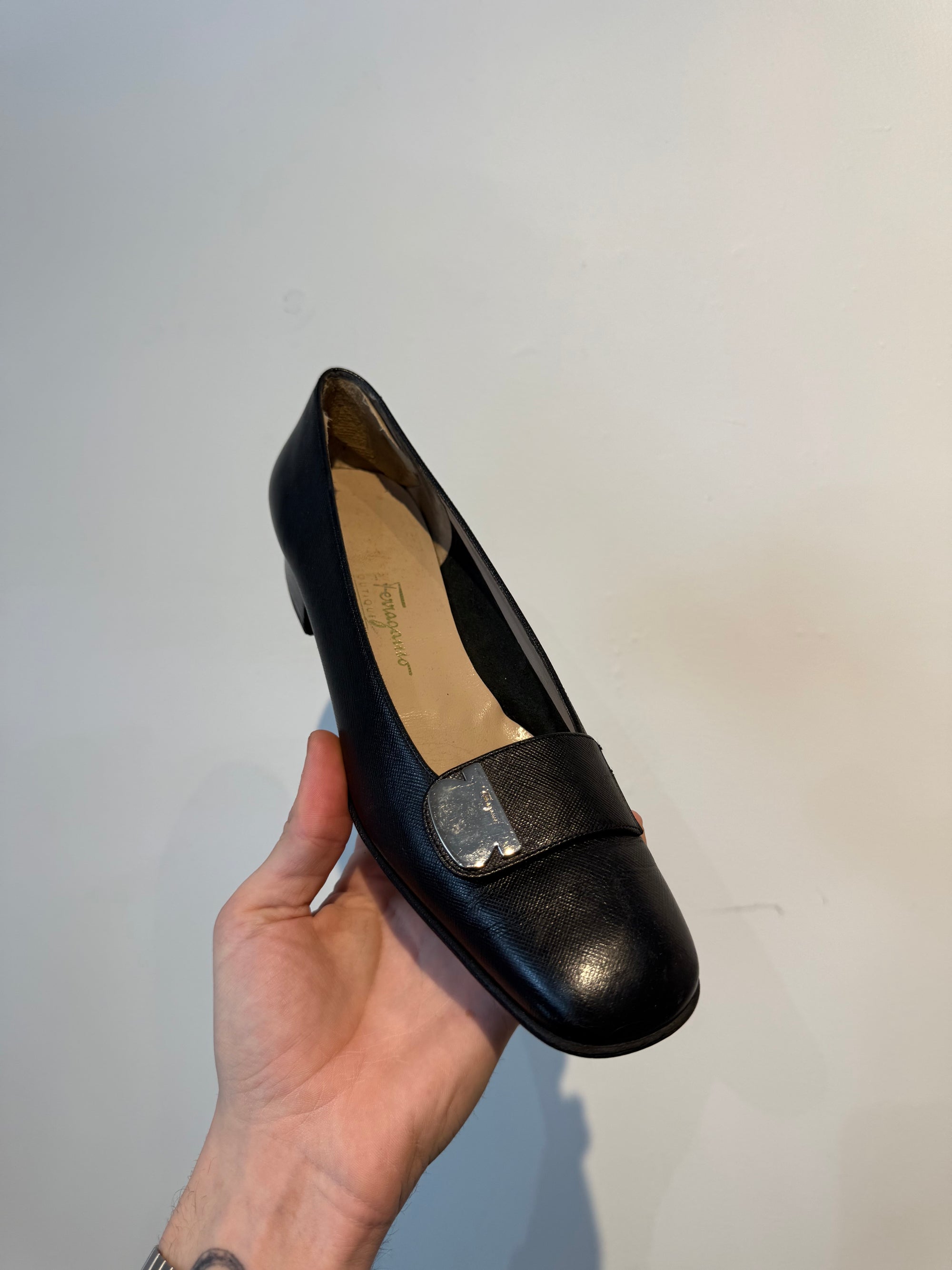 Ferragamo Vintage Block Heel Flats Black, 9.5