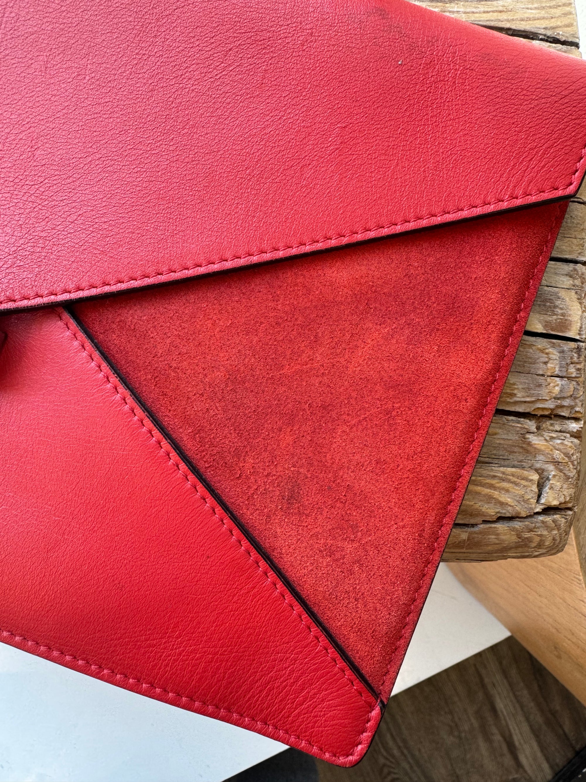 Celine Red Leather And Suede Diamond Clutch Handbag