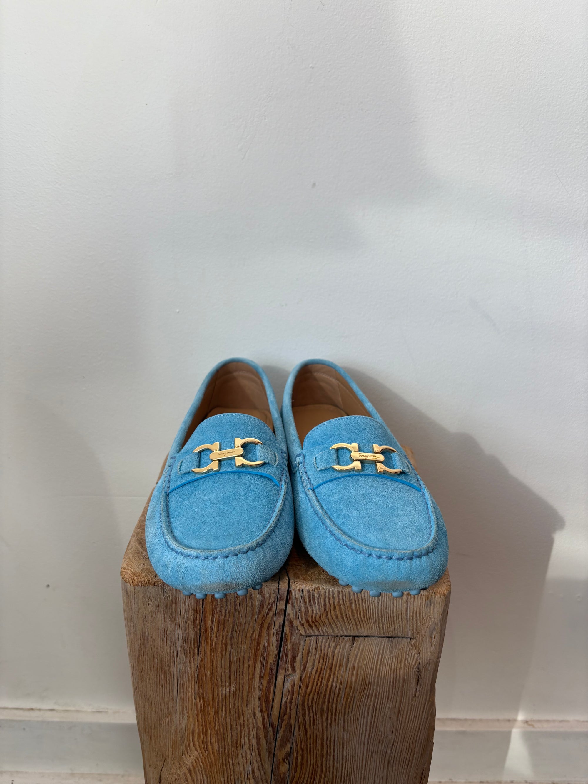 Ferragamo Suede Loafer, blue with gold buckle, 6.5