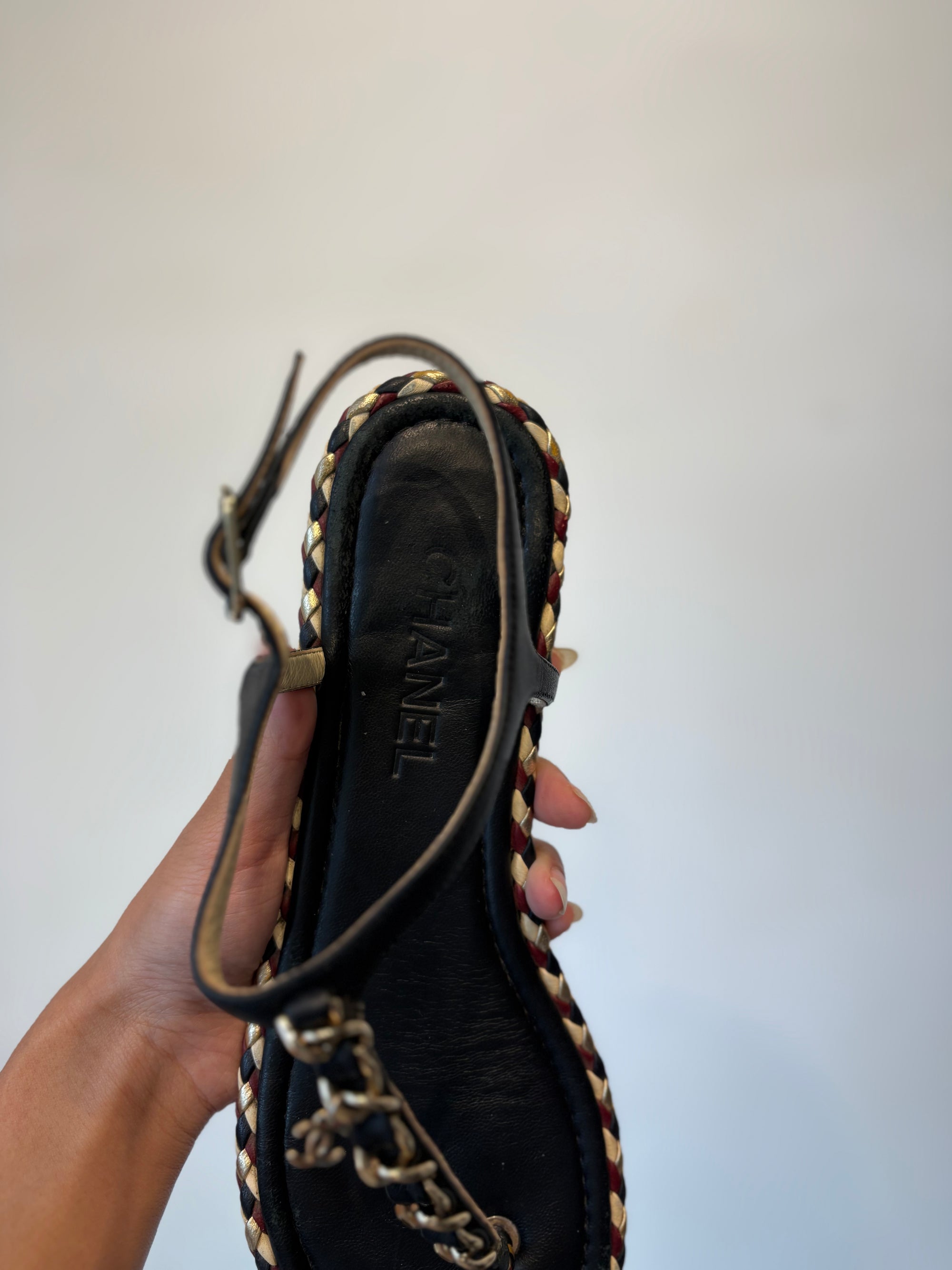 Chanel T-Strap Sandals, Black/Burgundy, 40