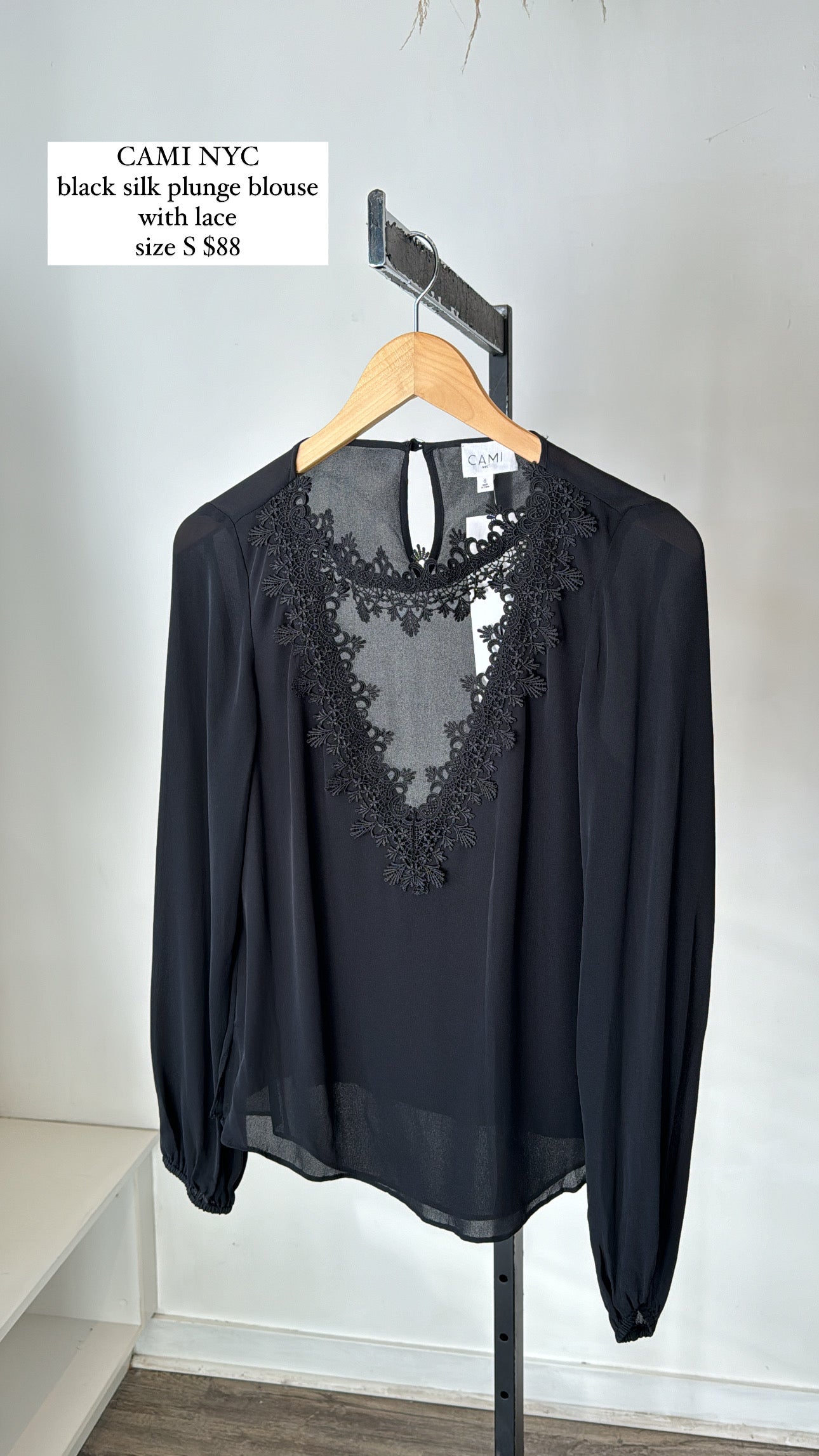 CAMI NYC silk lace long sleeve blouse, Black, Small