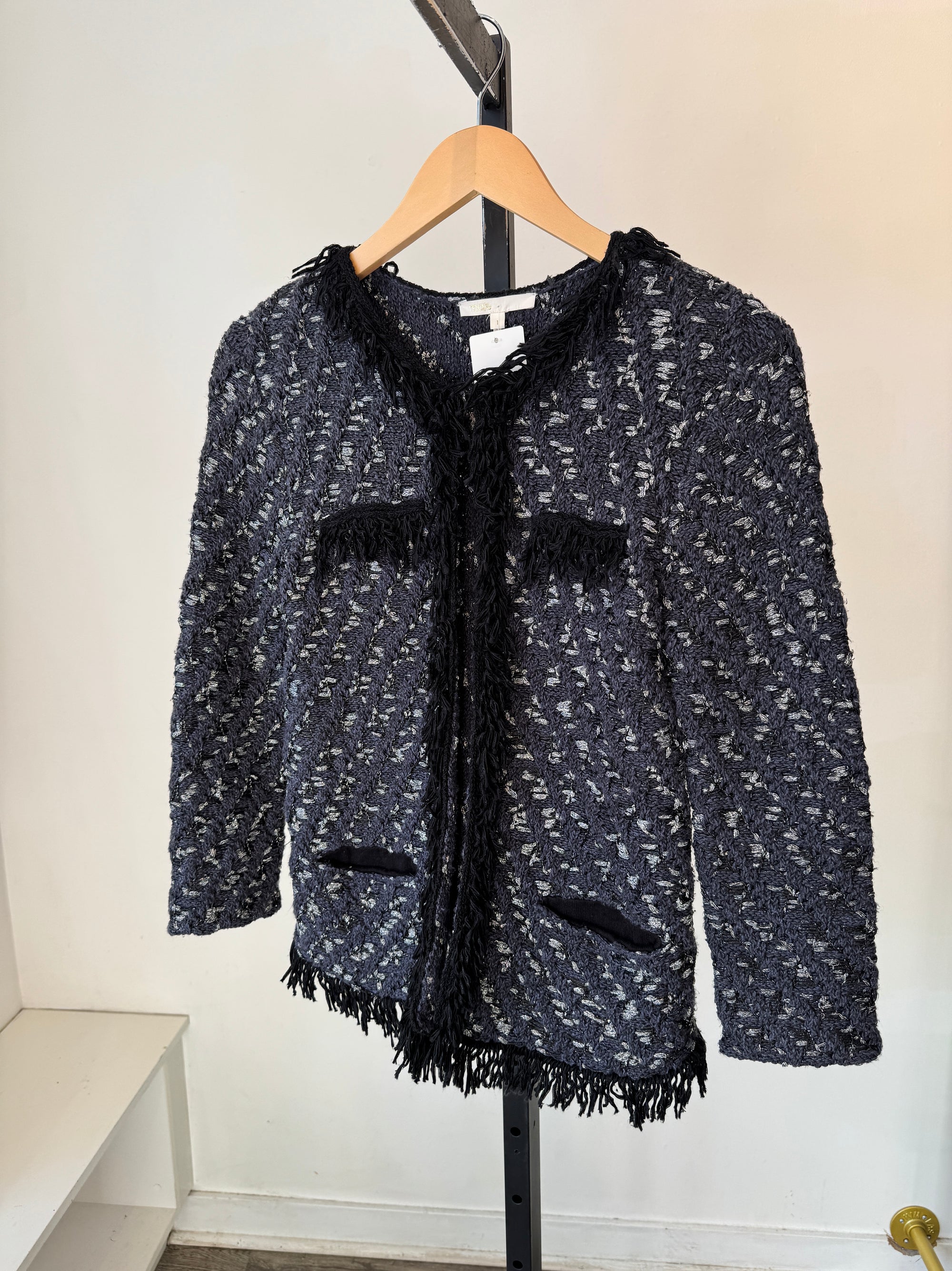 Maje tweed fringe open blazer, Navy, 1