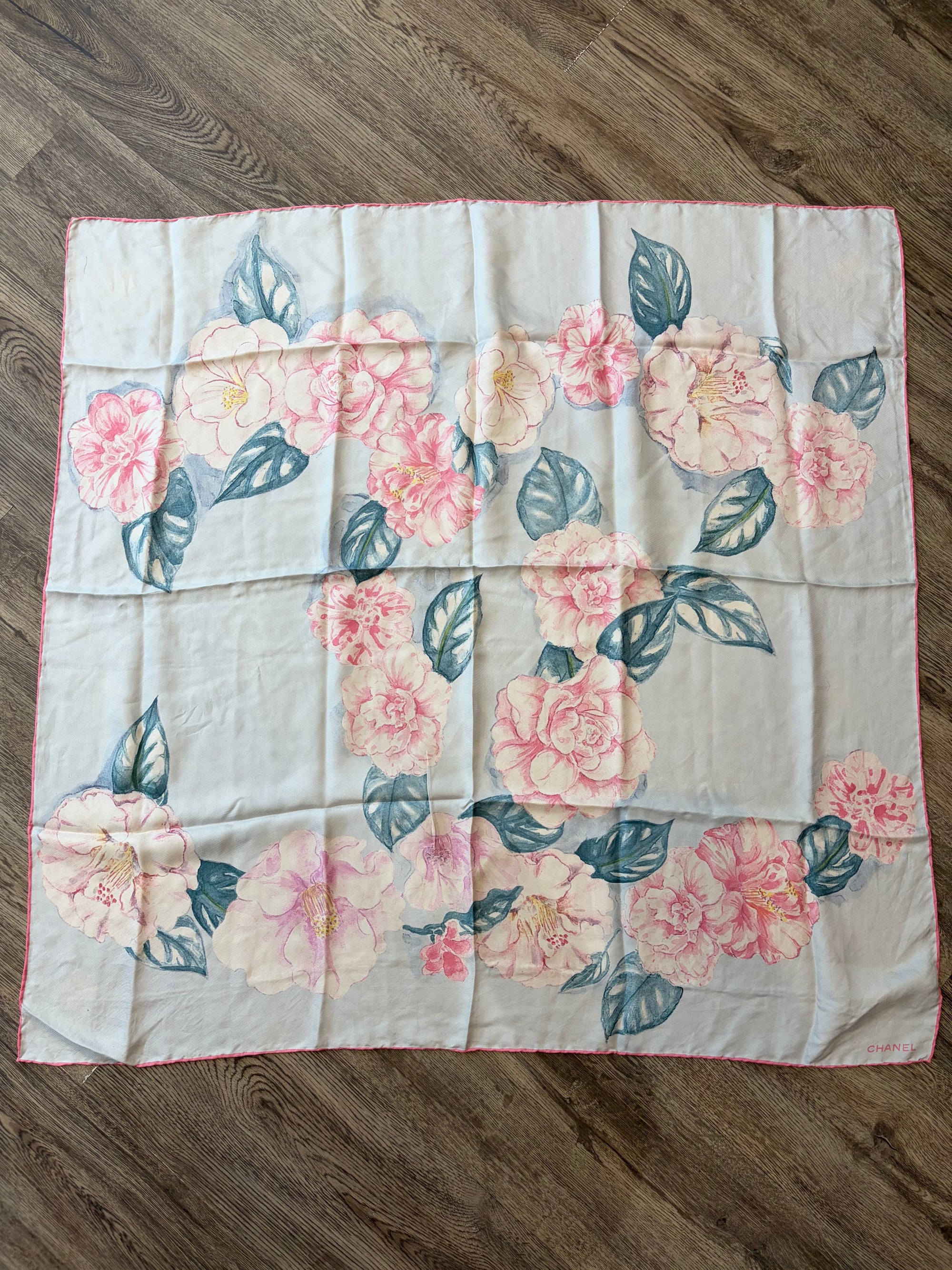 Chanel Silk Floral Square Scarf, Light Blue/Pink, 34.5'' x 33.5''
