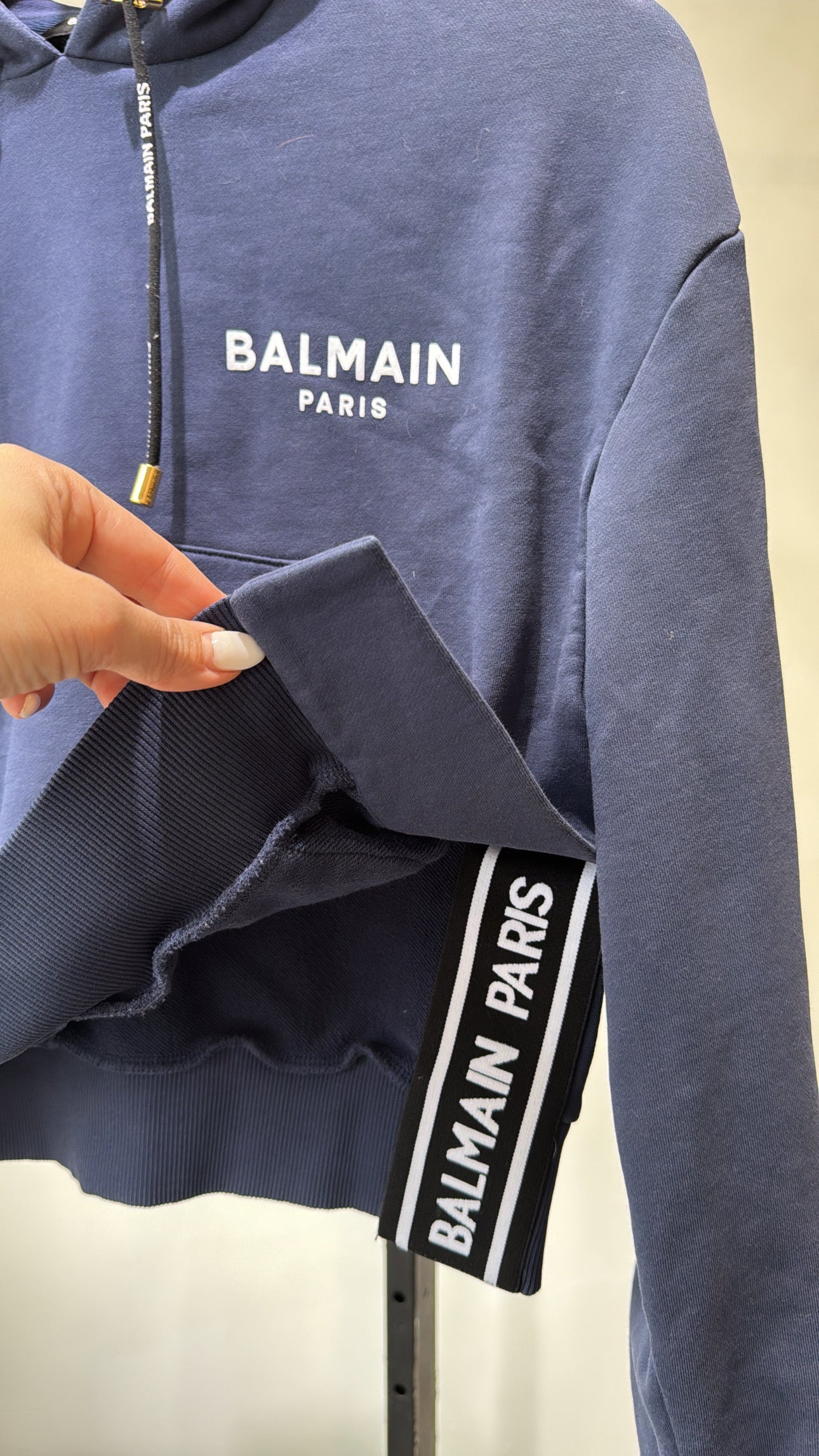 Balmain Flocked-Logo Cropped Hoodie, Navy, Medium