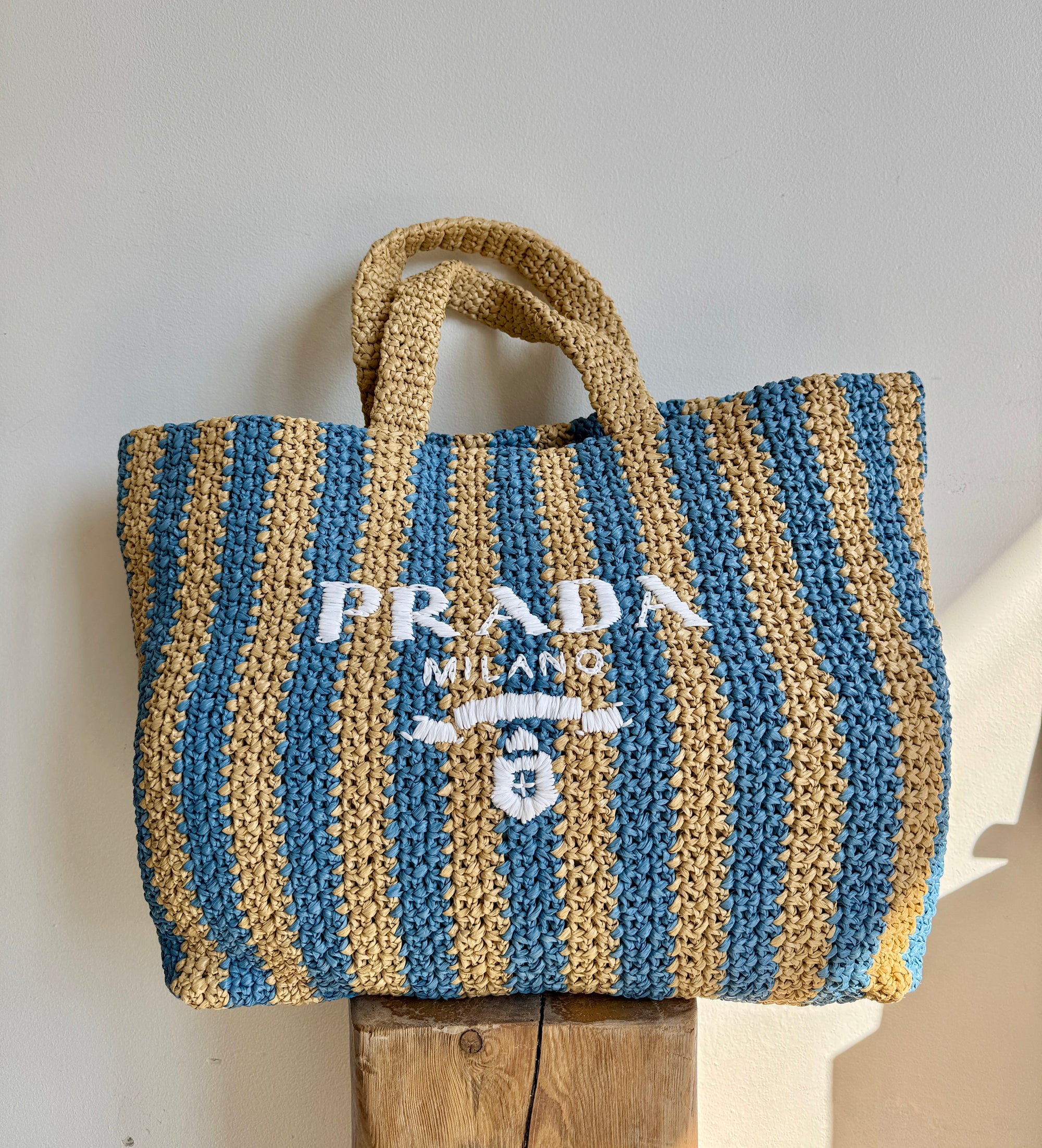 Prada Raffia Tote Bag, Tan / Blue, Large