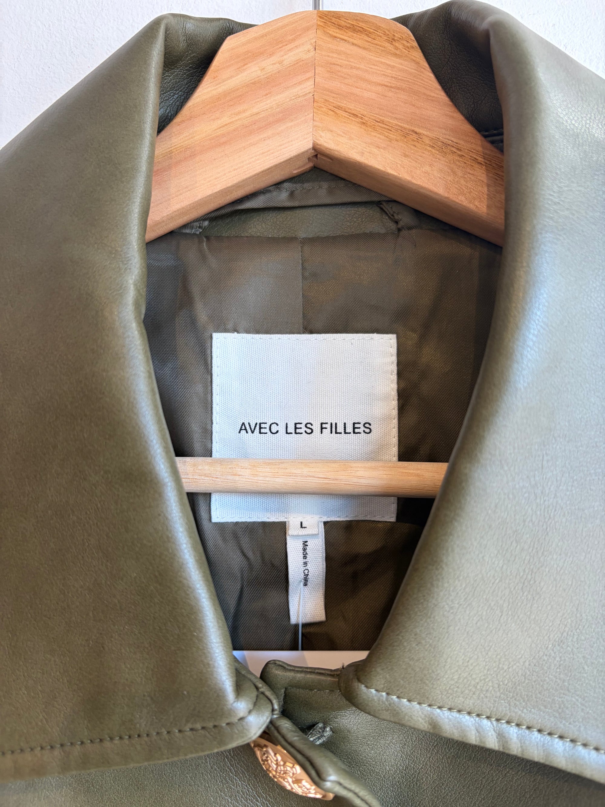 Avec Les Filles, faux leather cropped utility jacket with crochet sleeves, Large