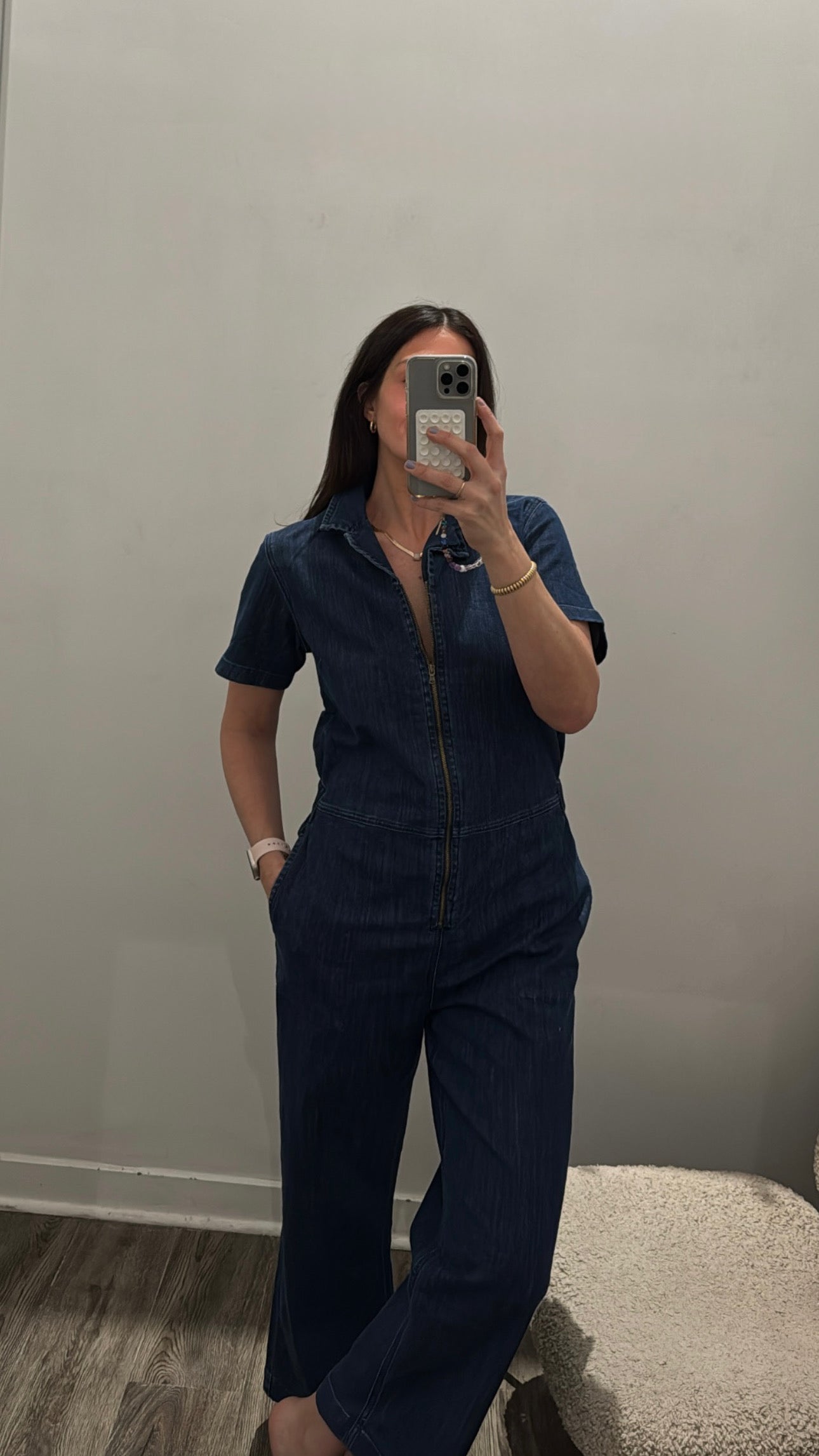 DU/ER Short Sleeve Denim Jumpsuit, Dark blue, Large