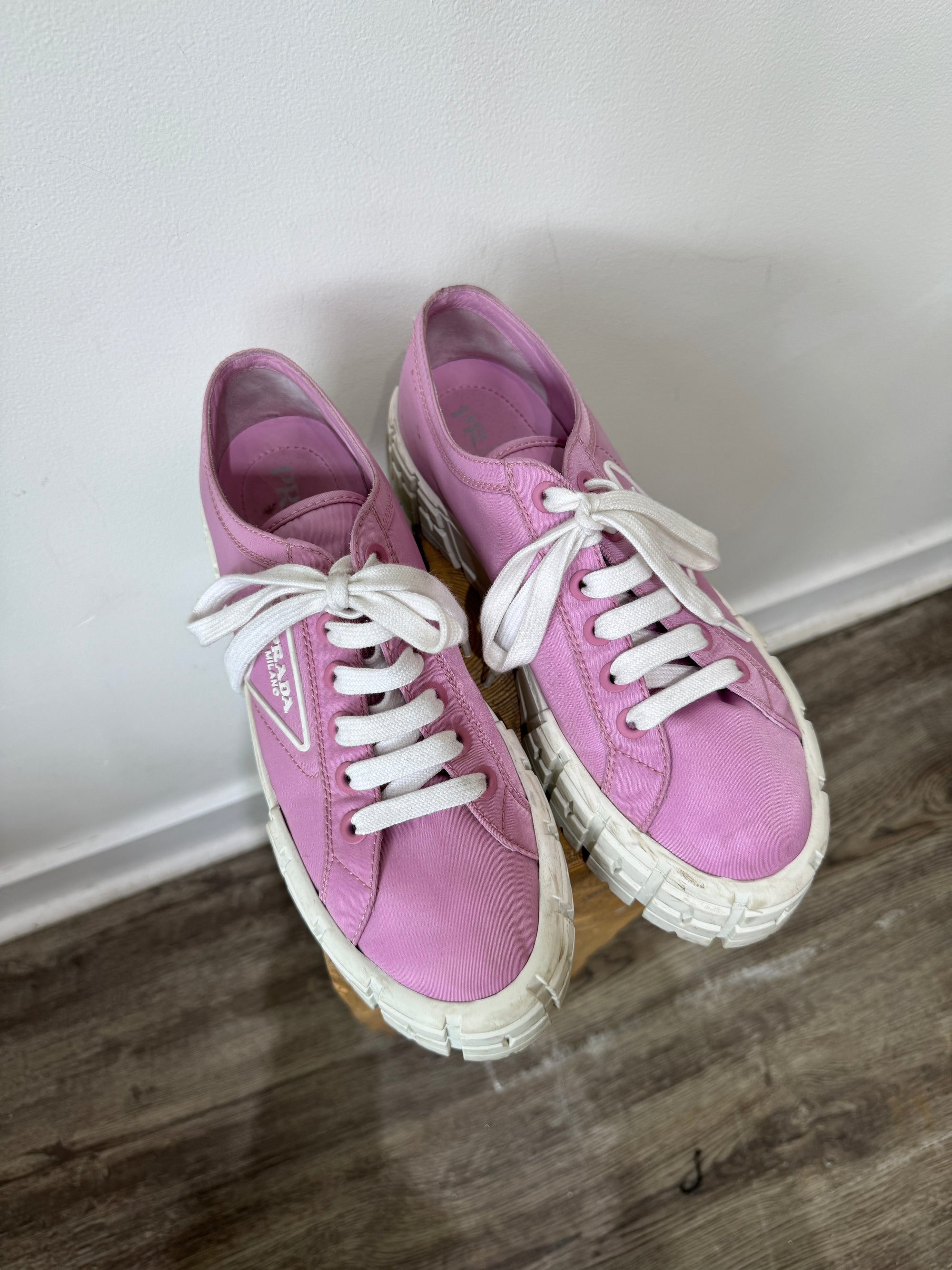 Prada Double Wheel Nylon Gabardine Sneakers, Pink, 41