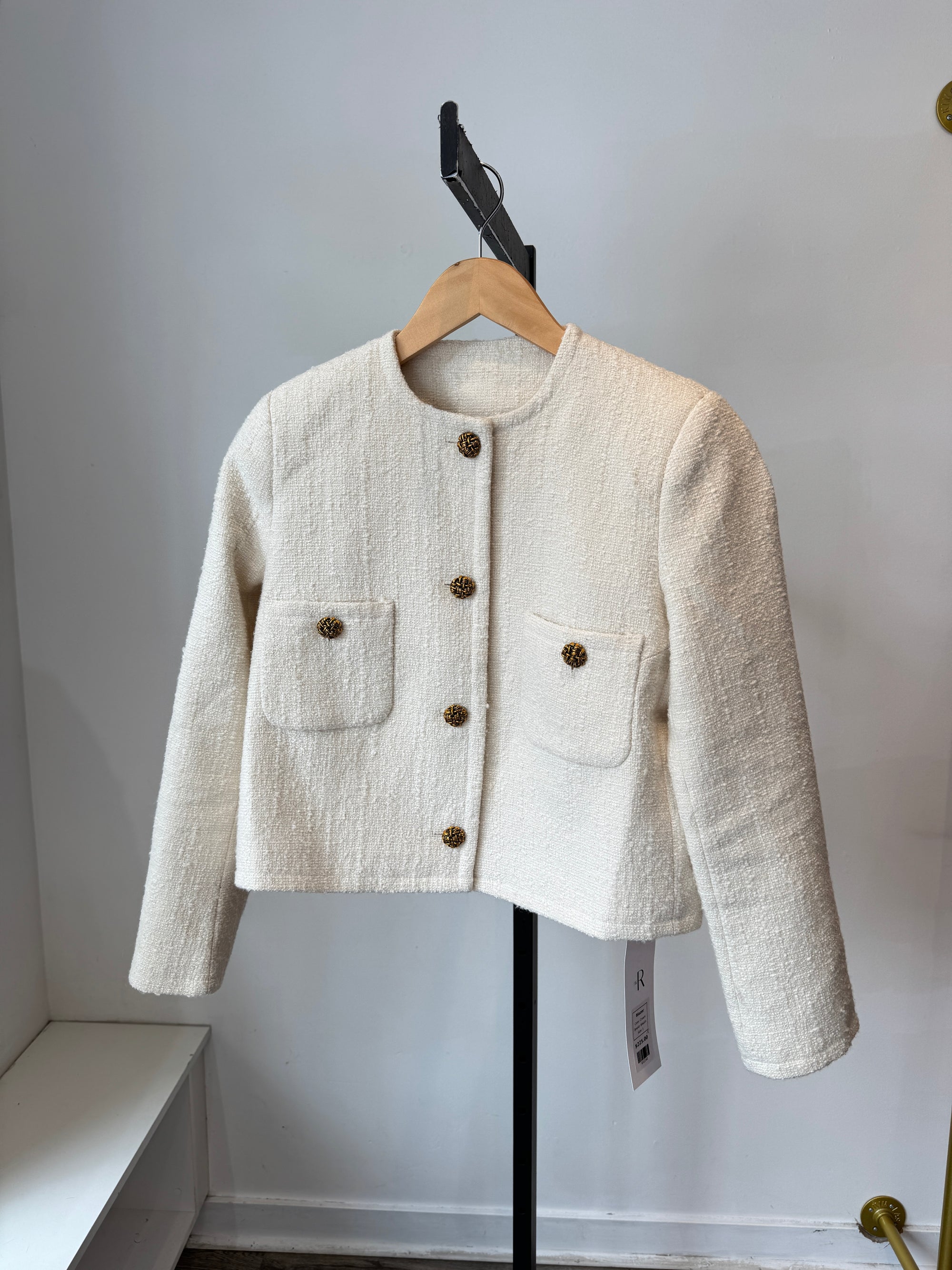 BA&SH Meredith Tweed Crop Blazer with Gold Buttons Cream, 1