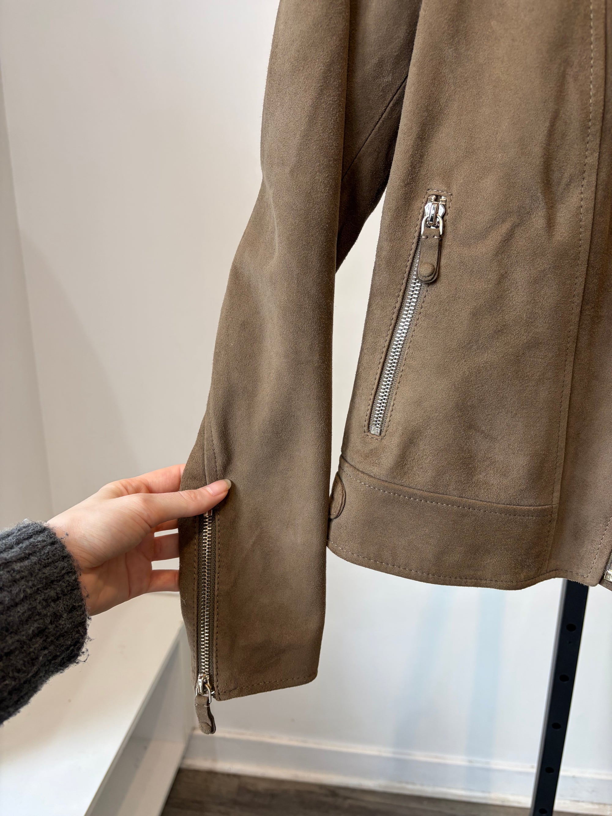 Massimo Dutti Suede Biker Jacket, Taupe, XS