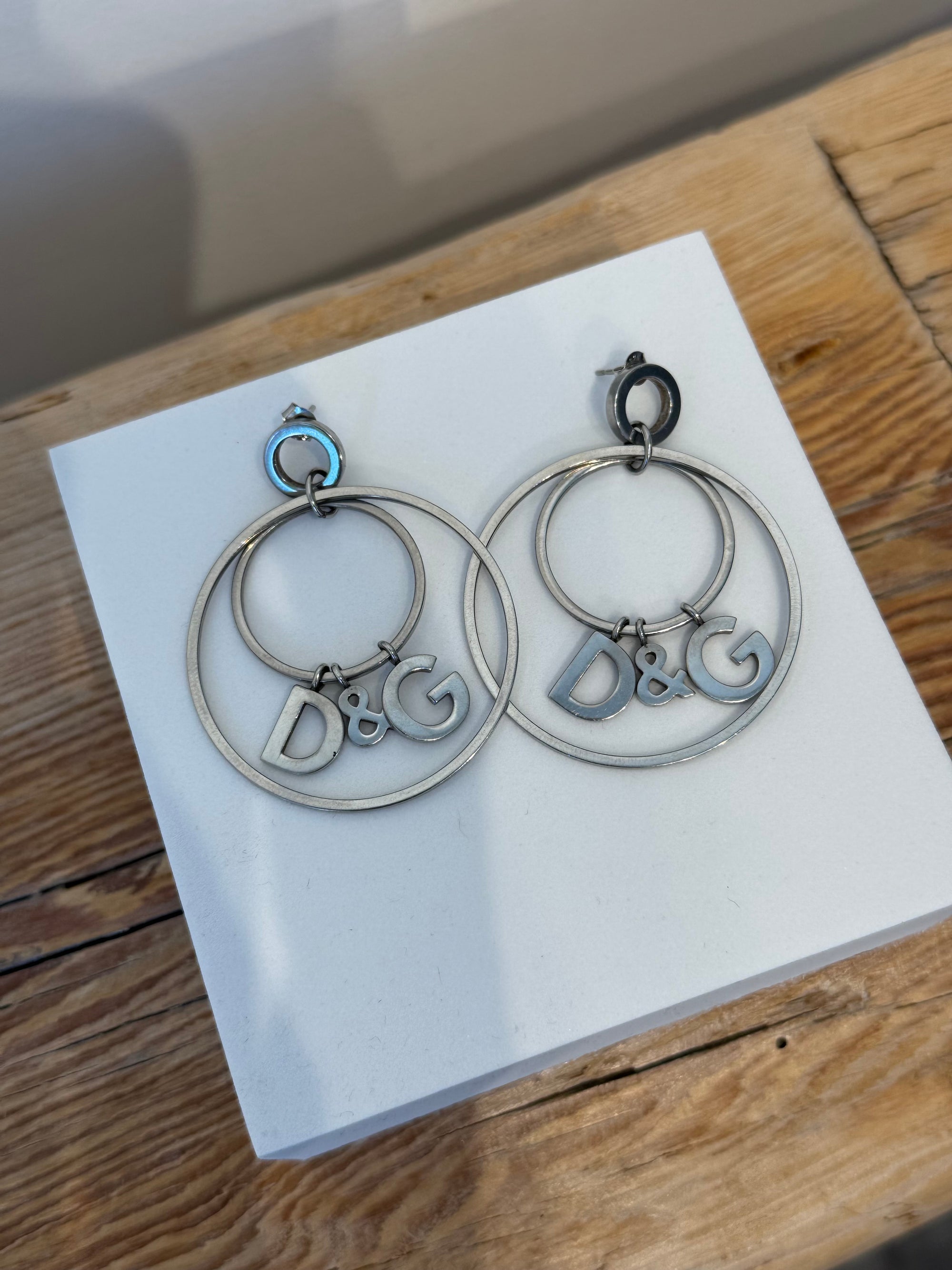 Dolce & Gabbana Double Hoop Logo Charm Earrings, Silver