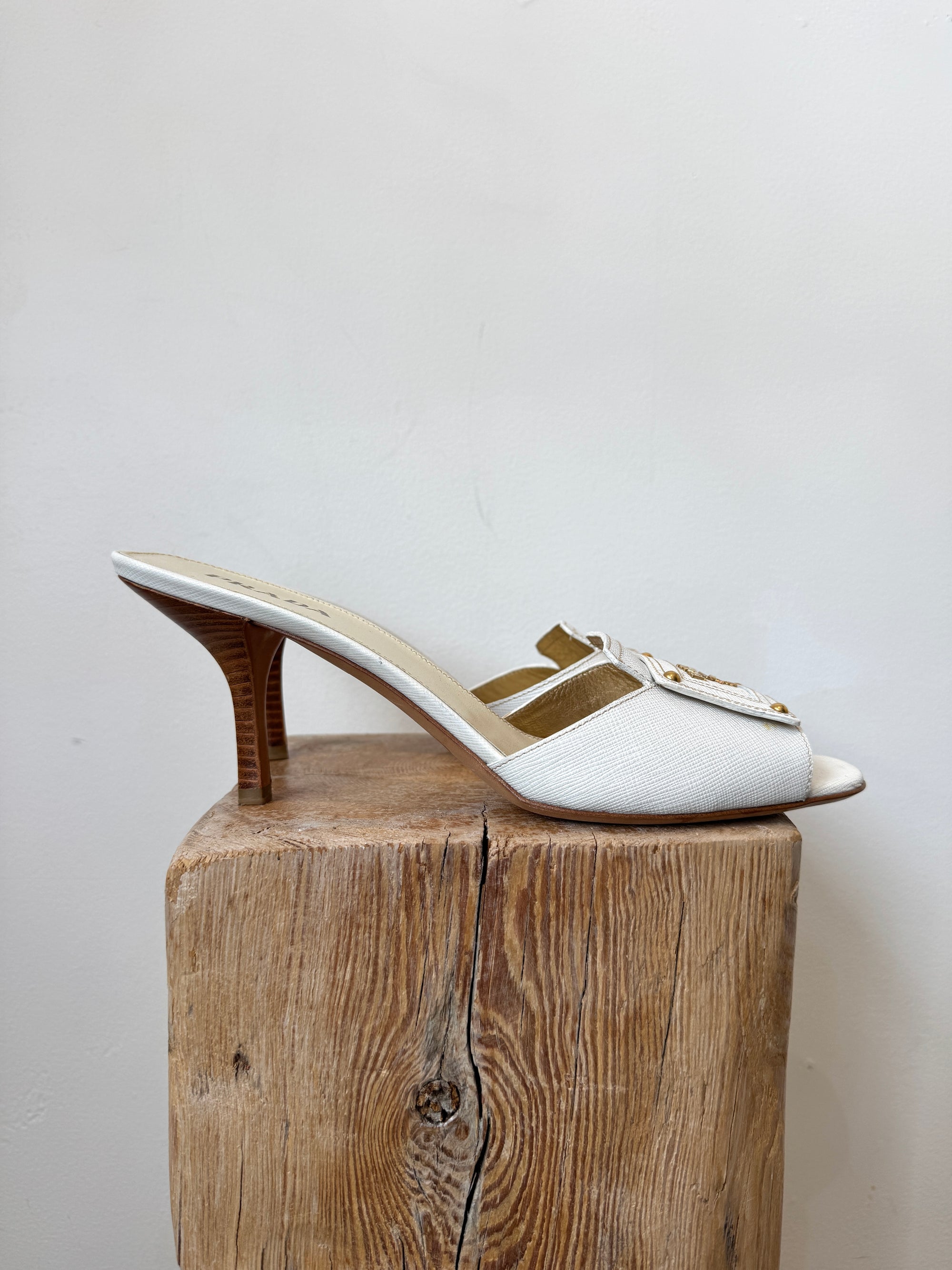Prada Logo Mule Heels, White, 40