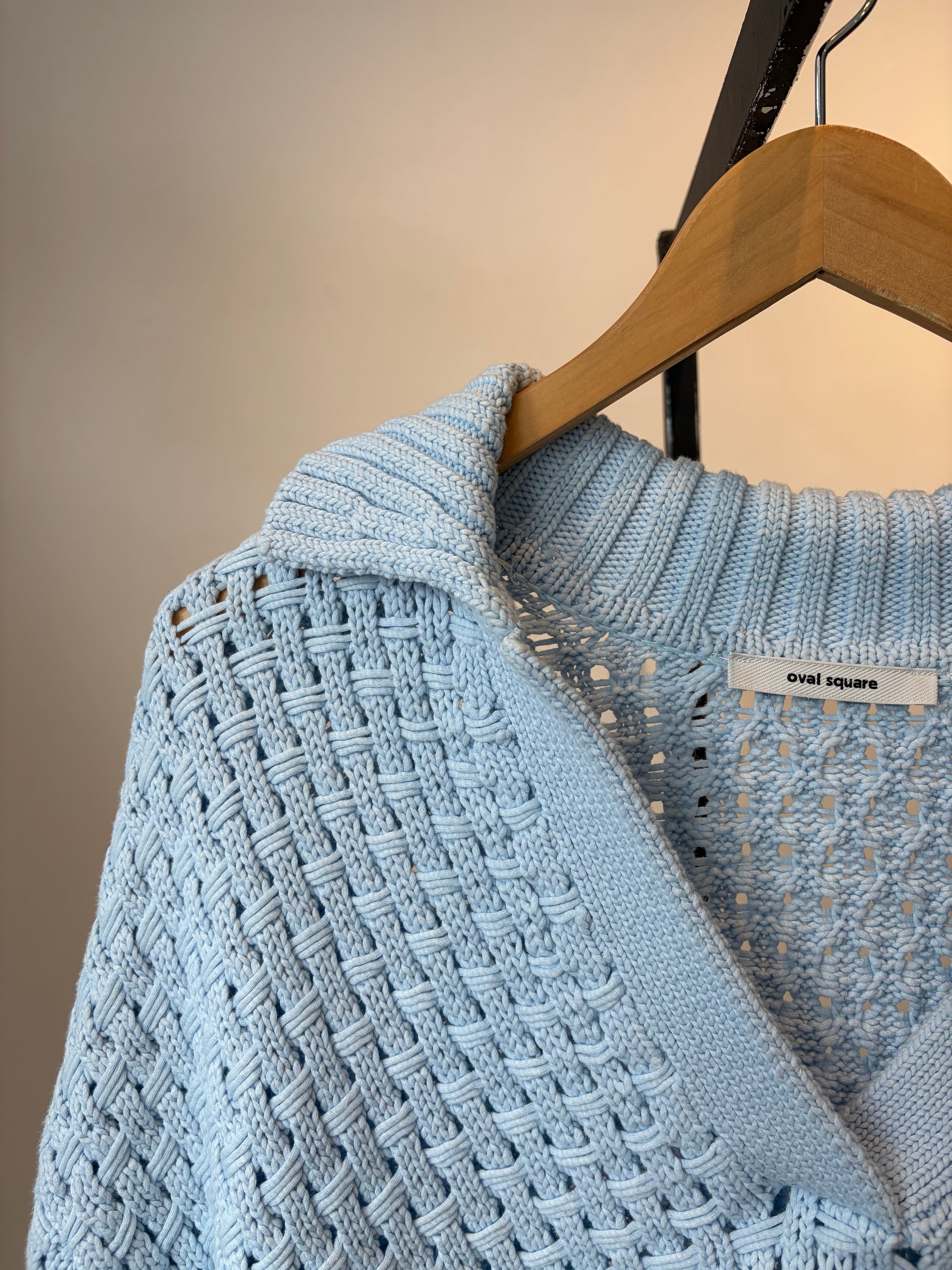 Oval Square Cropped Knit Polo Sweater, Blue, Small