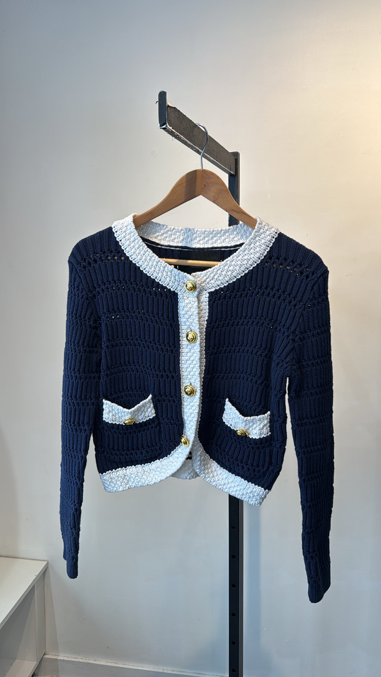 English Factory knit cardigan with gold buttons, Navy/White, Small