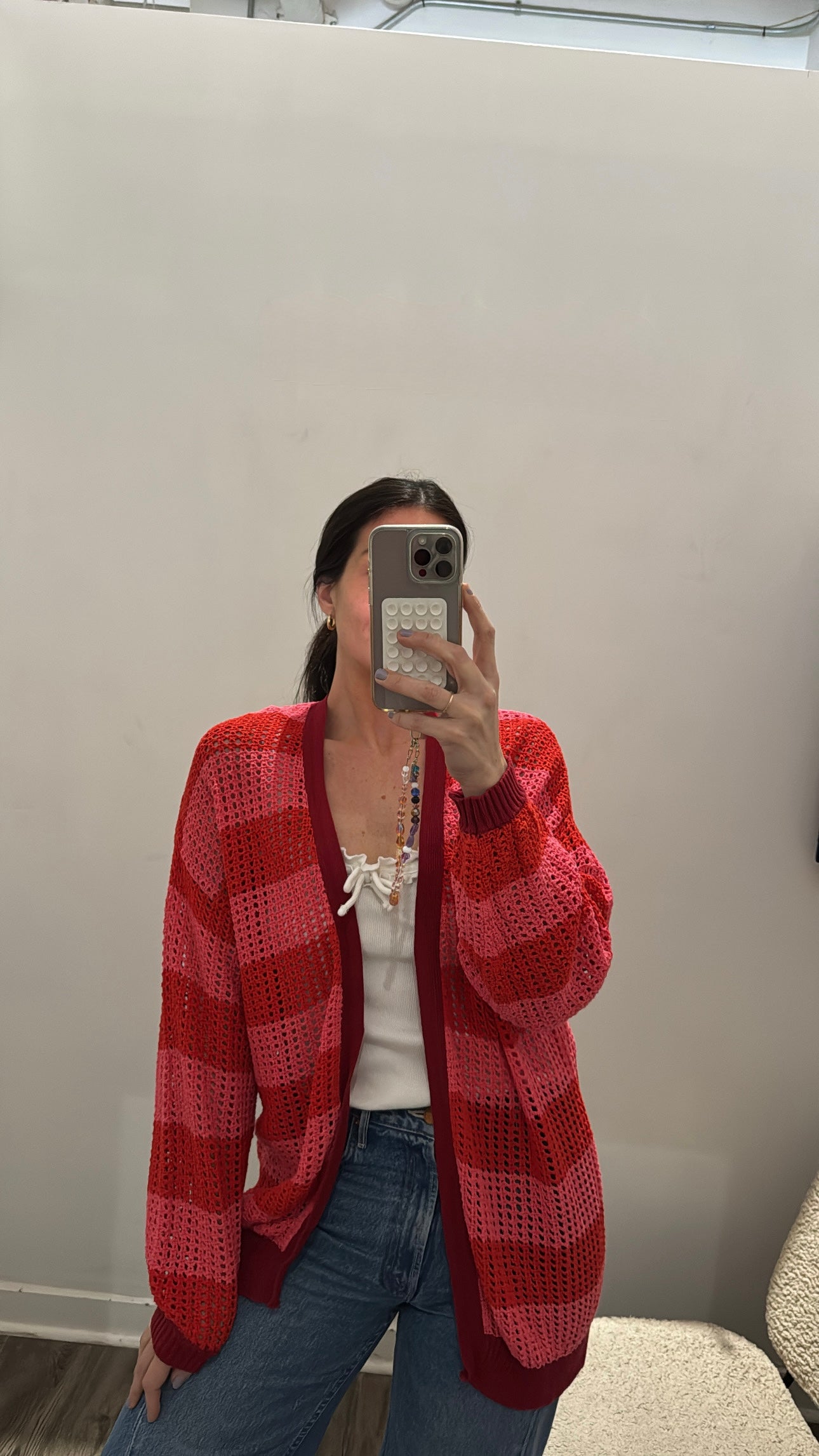 Farm Rio crochet cardigan, Pink/Red, Small