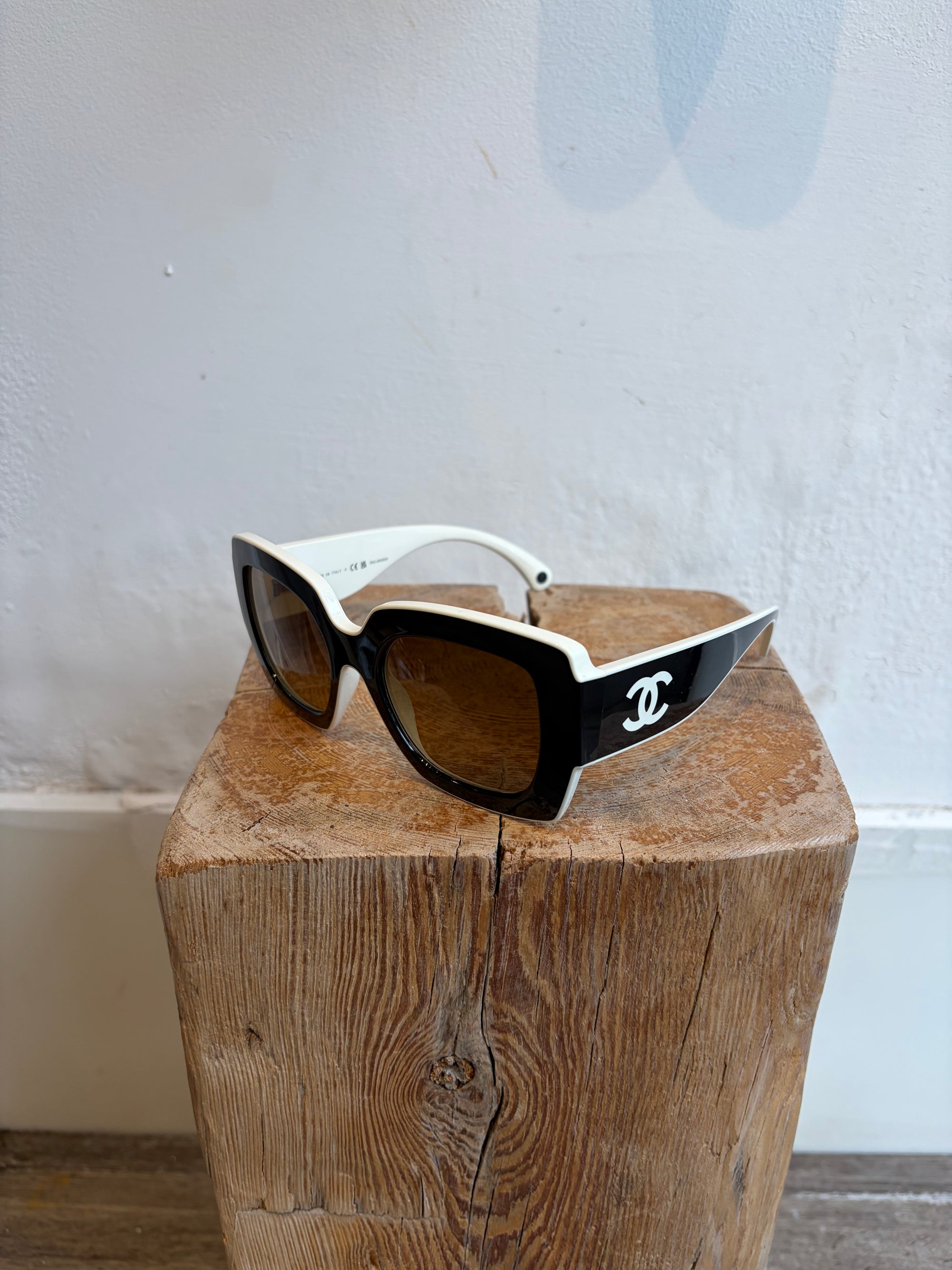 Chanel CC Logo Square Sunglasses, Black / White